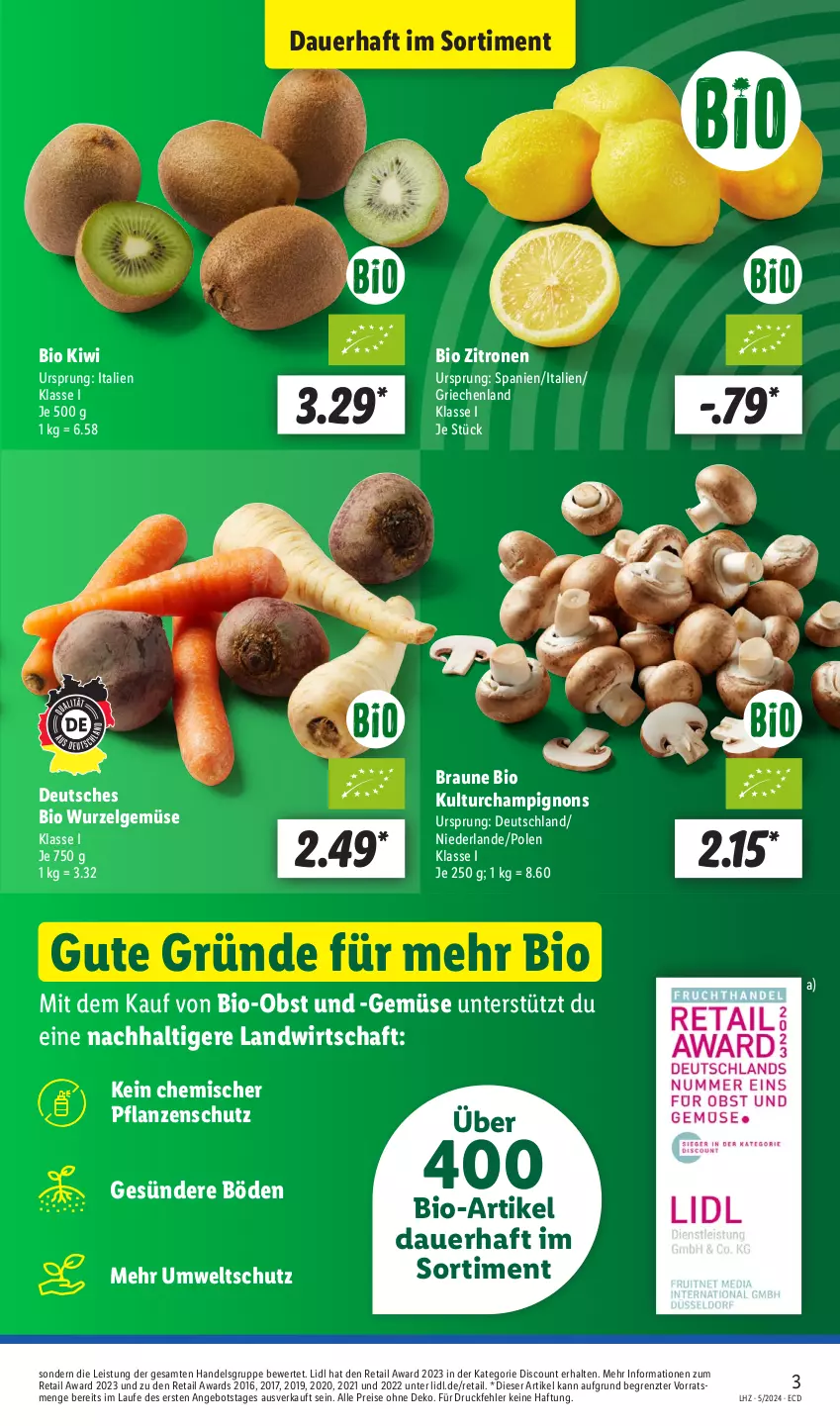 Aktueller Prospekt Lidl - Aktionsprospekt - von 29.01 bis 03.02.2024 - strona 3 - produkty: angebot, auer, bio, Bio-Obst, braun, champignon, champignons, discount, eis, kiwi, LG, obst, pflanze, pflanzen, reis, Ti, zitrone, zitronen, ZTE