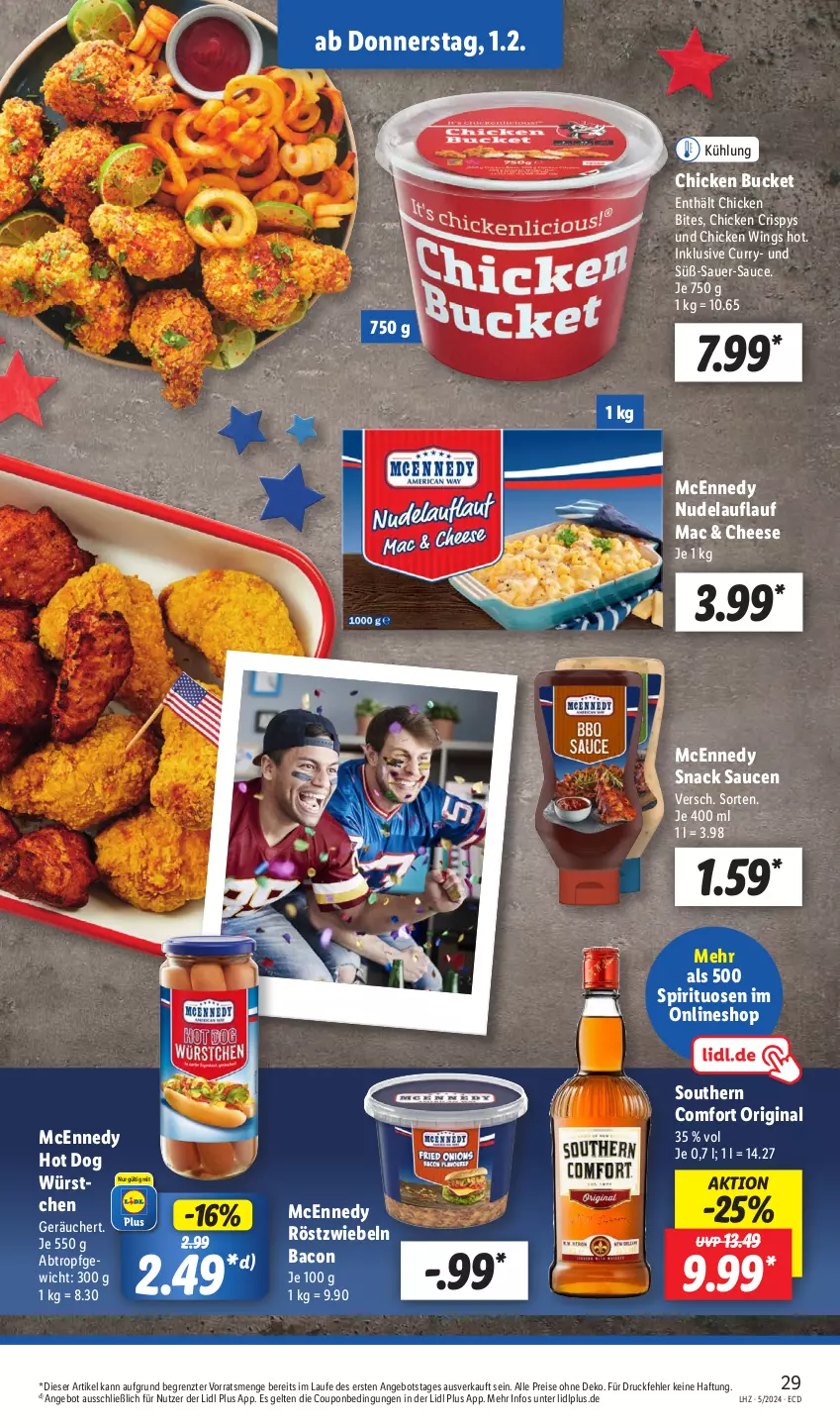 Aktueller Prospekt Lidl - Aktionsprospekt - von 29.01 bis 03.02.2024 - strona 35 - produkty: angebot, auer, bacon, bites, chicken wings, coupon, curry, eis, gin, hot dog, mac, mcennedy, nudel, reis, röstzwiebeln, sauce, saucen, snack, Southern Comfort, spirituosen, Ti, würstchen, ZTE, zwiebel, zwiebeln