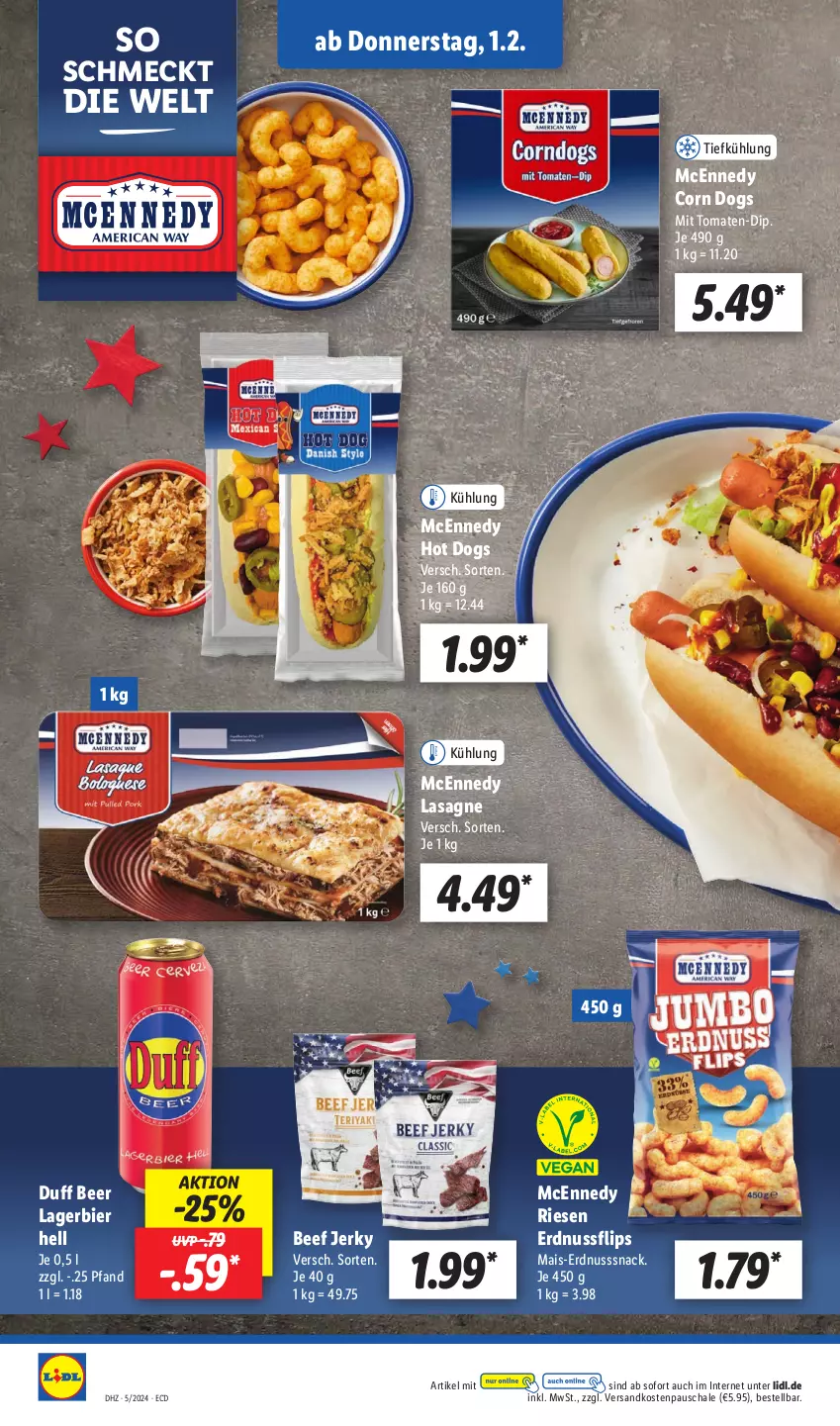 Aktueller Prospekt Lidl - Aktionsprospekt - von 29.01 bis 03.02.2024 - strona 38 - produkty: beef, bier, dip, erdnuss, hot dog, Lagerbier, lasagne, mais, mcennedy, ndk, nuss, Schal, Schale, snack, Ti, tomate, tomaten