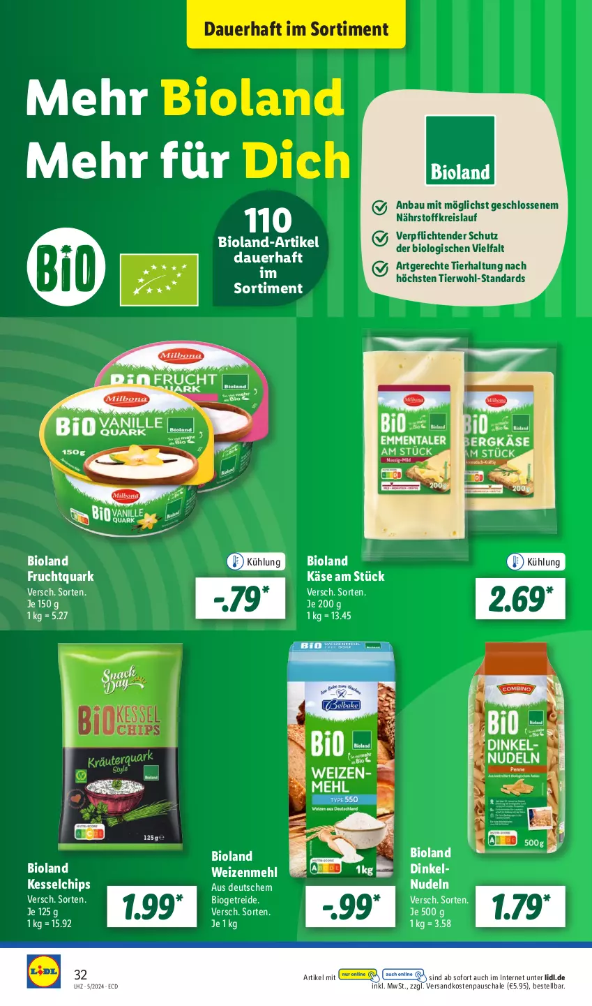 Aktueller Prospekt Lidl - Aktionsprospekt - von 29.01 bis 03.02.2024 - strona 40 - produkty: auer, Bau, bio, bioland, chips, eis, frucht, Fruchtquark, Käse, mehl, ndk, nudel, nudeln, quark, reis, Schal, Schale, tender, Ti, weizenmehl