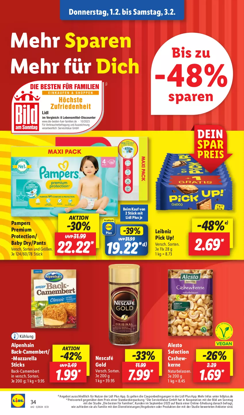 Aktueller Prospekt Lidl - Aktionsprospekt - von 29.01 bis 03.02.2024 - strona 42 - produkty: alesto, Alpenhain, angebot, angebote, camembert, Cashew, cashewkerne, coupon, eis, leibniz, mozzarella, natur, Nescafé, nescafé gold, pampers, Pants, Pick Up!, preisvorteil, reis, rel, Ti