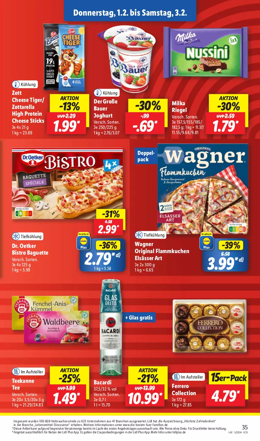 Aktueller Prospekt Lidl - Aktionsprospekt - von 29.01 bis 03.02.2024 - strona 43 - produkty: angebot, auer, bacardi, baguette, Bau, Bauer, Bistro Baguette, coupon, discount, Dr. Oetker, eis, elle, elsässer art, ferrero, flammkuchen, gin, joghur, joghurt, kuchen, lamm, lebensmittel, milka, Rauch, reis, rel, riegel, tee, teekanne, teller, Ti, wagner, zott, zottarella, ZTE