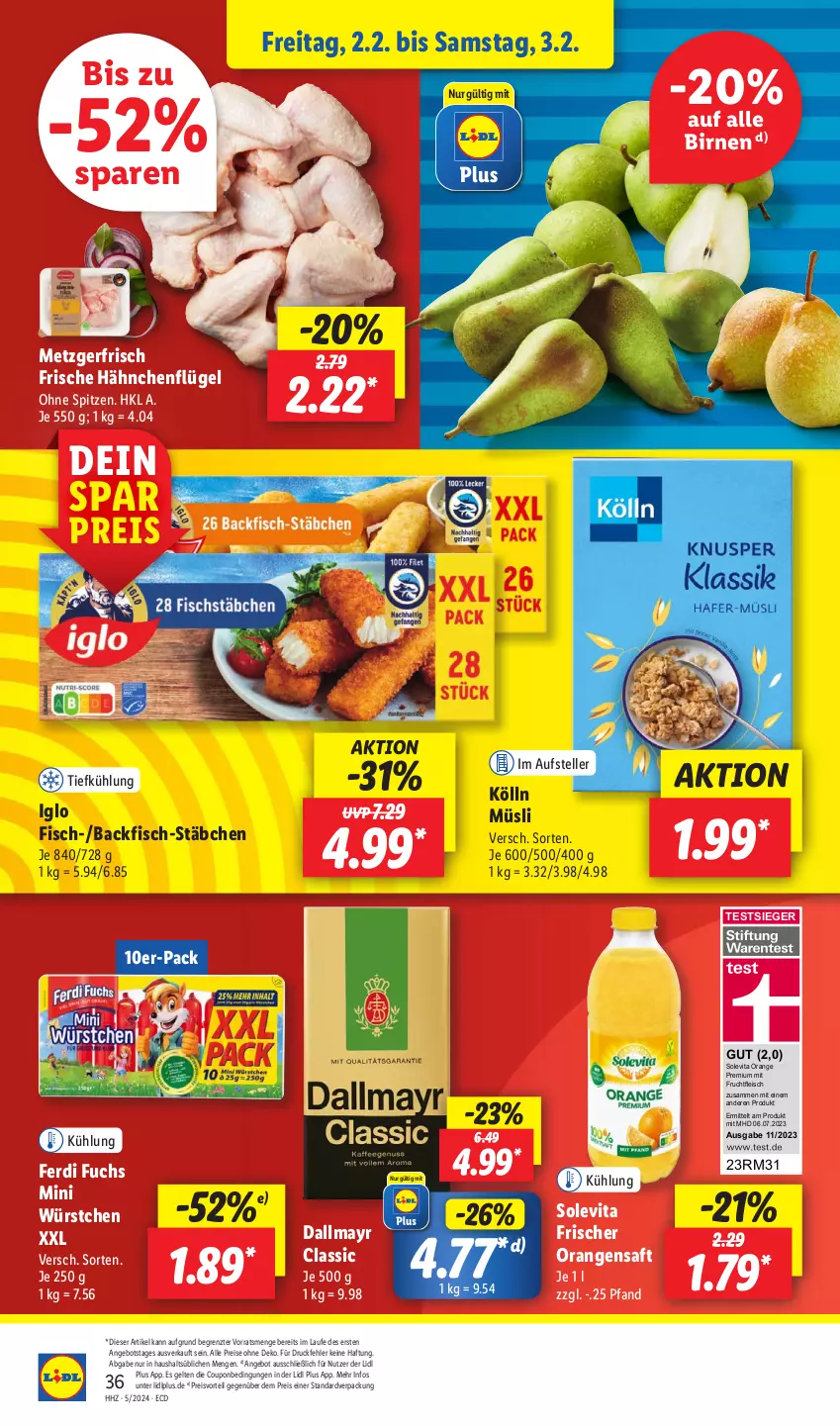 Aktueller Prospekt Lidl - Aktionsprospekt - von 29.01 bis 03.02.2024 - strona 44 - produkty: angebot, backfisch, Birnen, coupon, dallmayr, drucker, eis, elle, Engel, ferdi fuchs, fisch, fleisch, Frische Hähnchen, frucht, fruchtfleisch, hähnchenflügel, iglo, kerze, kölln, mit frucht, müsli, orange, orangen, orangensaft, papier, preisvorteil, reis, saft, teller, Ti, vita, würstchen, ZTE