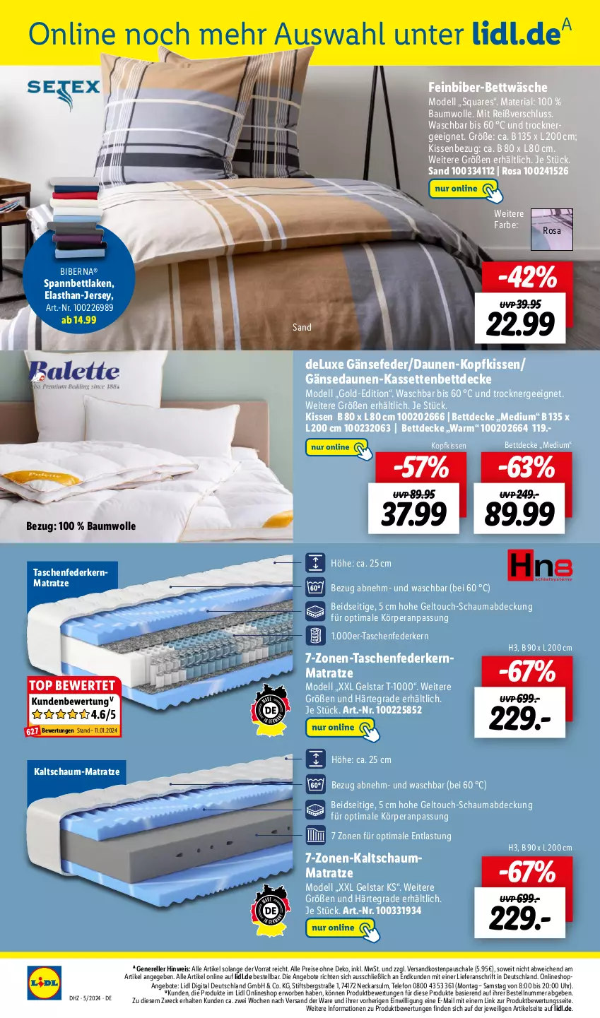 Aktueller Prospekt Lidl - Aktionsprospekt - von 29.01 bis 03.02.2024 - strona 50 - produkty: angebot, angebote, Bau, baumwolle, bett, bettwäsche, decke, dell, eis, elle, Ergee, federkern, federkernmatratze, kaltschaum-matratze, kaltschaummatratze, kernmatratze, kissen, Kissenbezug, kopfkissen, mab, matratze, Mode, ndk, reis, rel, Ria, Schal, Schale, schauma, Schaummatratze, spannbettlaken, Tasche, taschen, taschenfederkernmatratze, telefon, Ti, Trockner, uhr, weck, wolle