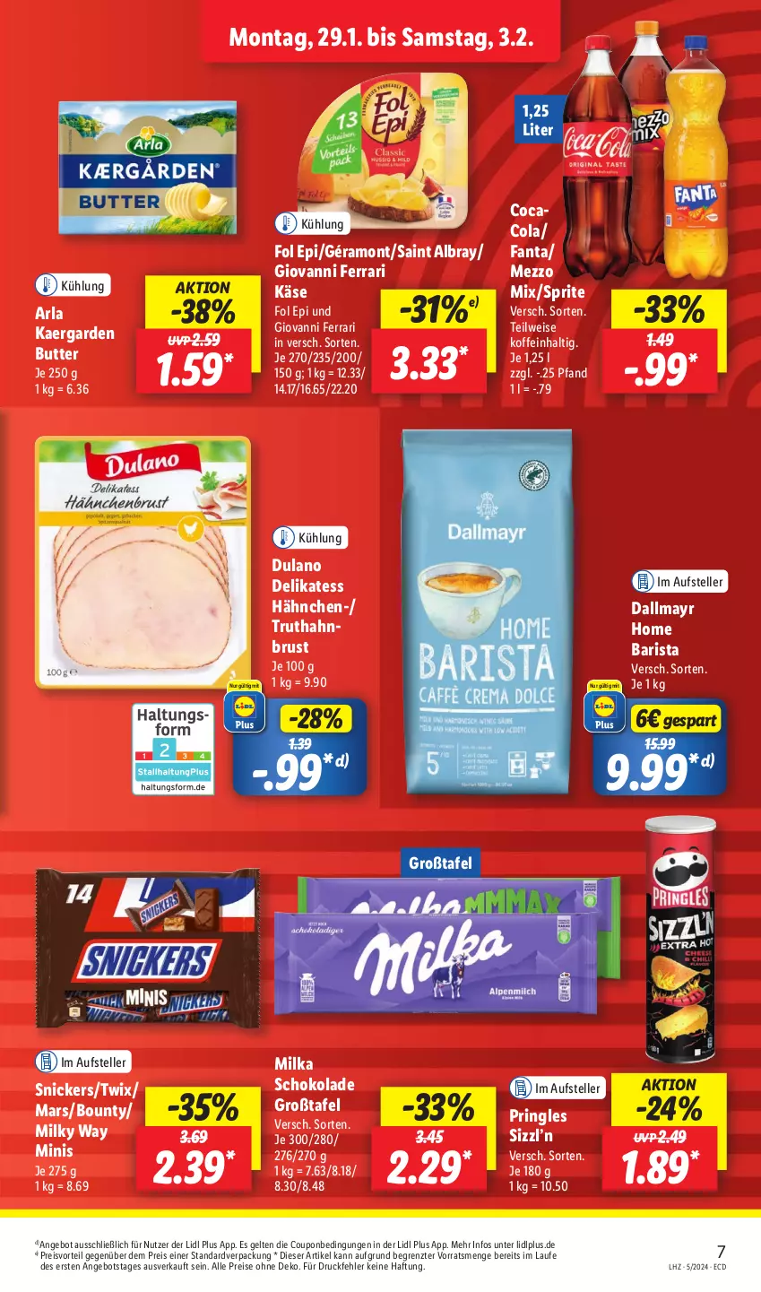 Aktueller Prospekt Lidl - Aktionsprospekt - von 29.01 bis 03.02.2024 - strona 9 - produkty: albray, angebot, arla, bounty, butter, cola, coupon, dallmayr, dulano, eis, elle, fanta, fol epi, géramont, Käse, mars, Mezzo Mix, milka, milka schokolade, milky way, preisvorteil, pringles, reis, ring, saint albray, schoko, schokolade, snickers, sprite, teller, Ti, truthahn, twix, ZTE