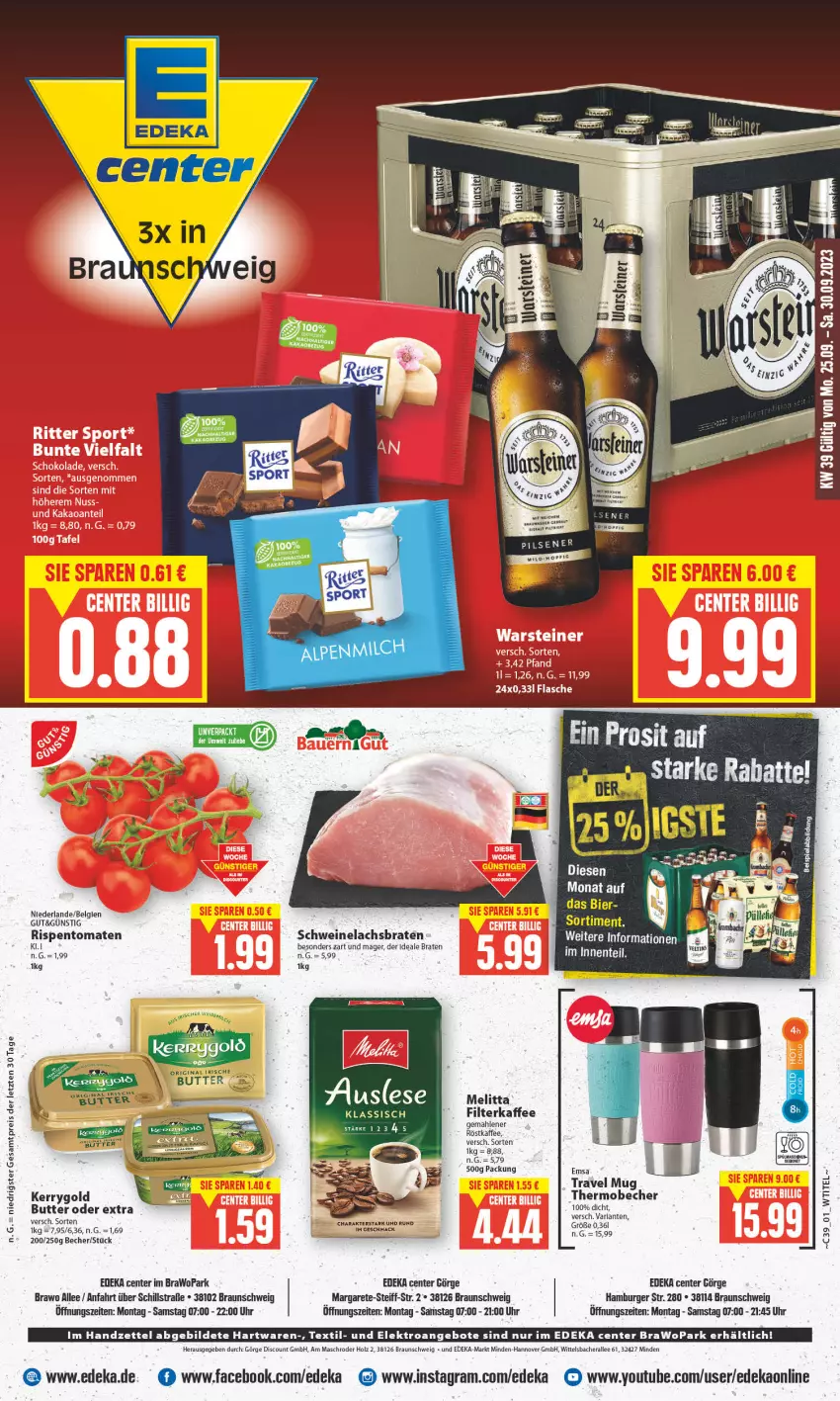 Aktueller Prospekt E Center - Angebote der Woche - von 25.09 bis 30.09.2023 - strona 1 - produkty: angebot, angebote, arla, Becher, beispielabbildung, bier, braten, braun, burger, butter, deka, discount, eis, Elektro, emsa, ente, filterkaffee, hamburger, Holz, kaffee, kerrygold, lachs, Lachsbraten, LG, mac, melitta, reis, rispentomaten, röstkaffee, schwein, schweine, Schweinelachs, Ti, tomate, tomaten, travel mug, uhr, wein, weine, Yo, ZTE