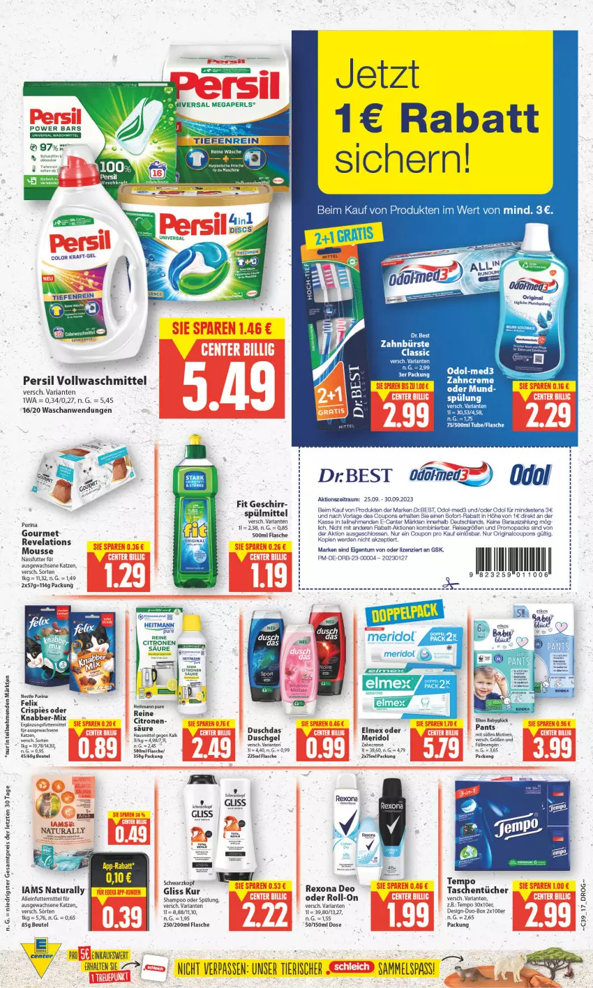 Aktueller Prospekt E Center - Angebote der Woche - von 25.09 bis 30.09.2023 - strona 16 - produkty: alleinfuttermittel, arla, beutel, bürste, coupon, coupons, creme, deo, Dr. Best, duschdas, duschgel, eis, elkos, elle, elmex, ente, erde, flasche, geschirr, gin, gliss, gliss kur, heitmann, meridol, mousse, nassfutter, natur, natura, Odol, Pants, persil, purina, reis, rexona, Ria, roll-on, sahne, schwarzkop, schwarzkopf, shampoo, shampoo oder spülung, sofort-rabatt, spülung, Tasche, taschen, taschentücher, Tempo, Ti, tücher, vollwaschmittel, waschmittel, zahnbürste, zahncreme, ZTE