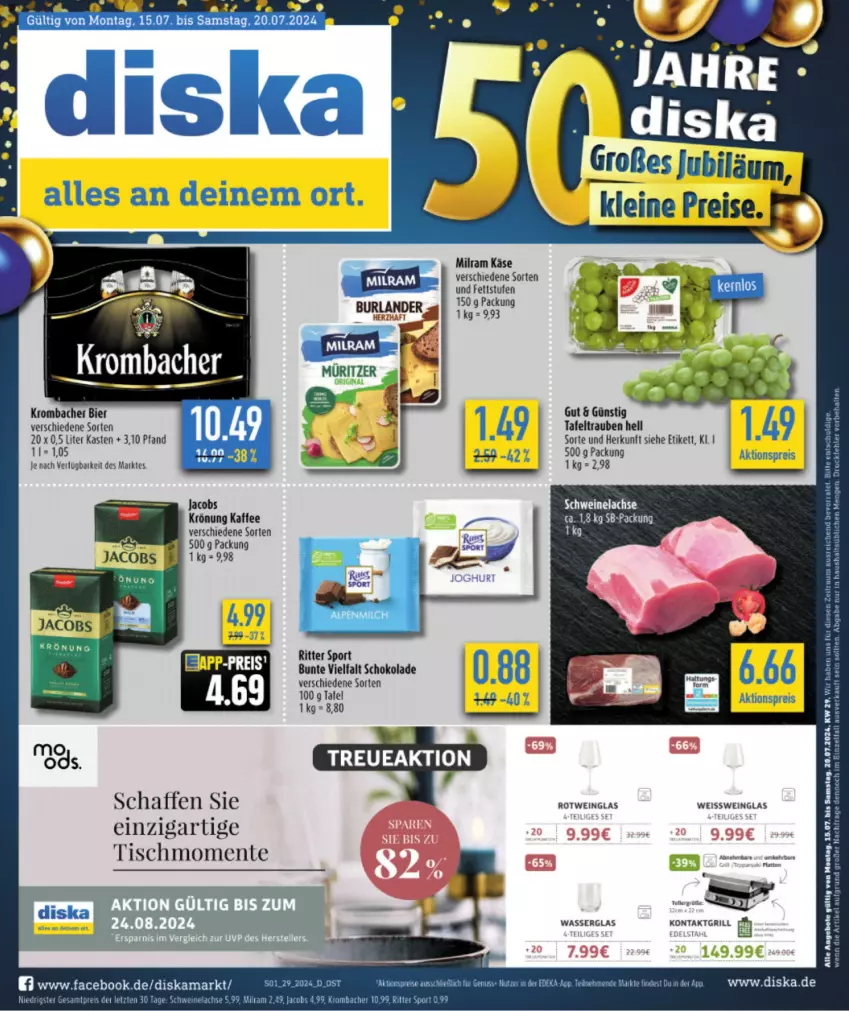 Aktueller Prospekt Diska - von 15.07 bis 20.07.2024 - strona 1 - produkty: aktionspreis, angebot, angebote, bier, eis, ente, jacobs, kaffee, Käse, krombache, krombacher, lachs, latte, milram, nuss, reis, ritter, ritter sport, rotwein, schoko, schokolade, schwein, schweine, Schweinelachs, Sport, tafeltrauben, Ti, tisch, trauben, wein, weine, ZTE