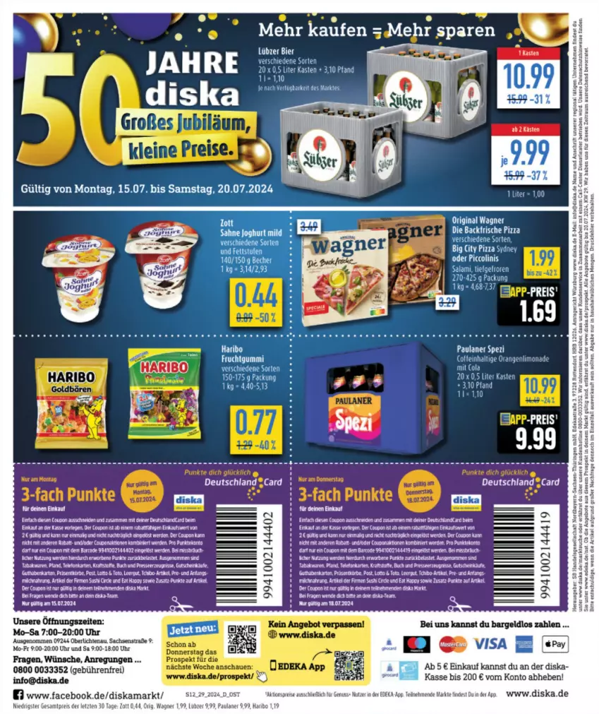 Aktueller Prospekt Diska - von 15.07 bis 20.07.2024 - strona 12 - produkty: aktionspreis, angebot, angebote, coupon, deka, deutschlandcard, eis, ente, erde, frucht, fruchtgummi, gin, kraft, limo, limonade, Lübzer, nuss, nutella, orange, orangen, original wagner, Paula, paulaner, pizza, reis, sac, Spezi, tee, Ti, uhr, wagner, Yo, zott, ZTE