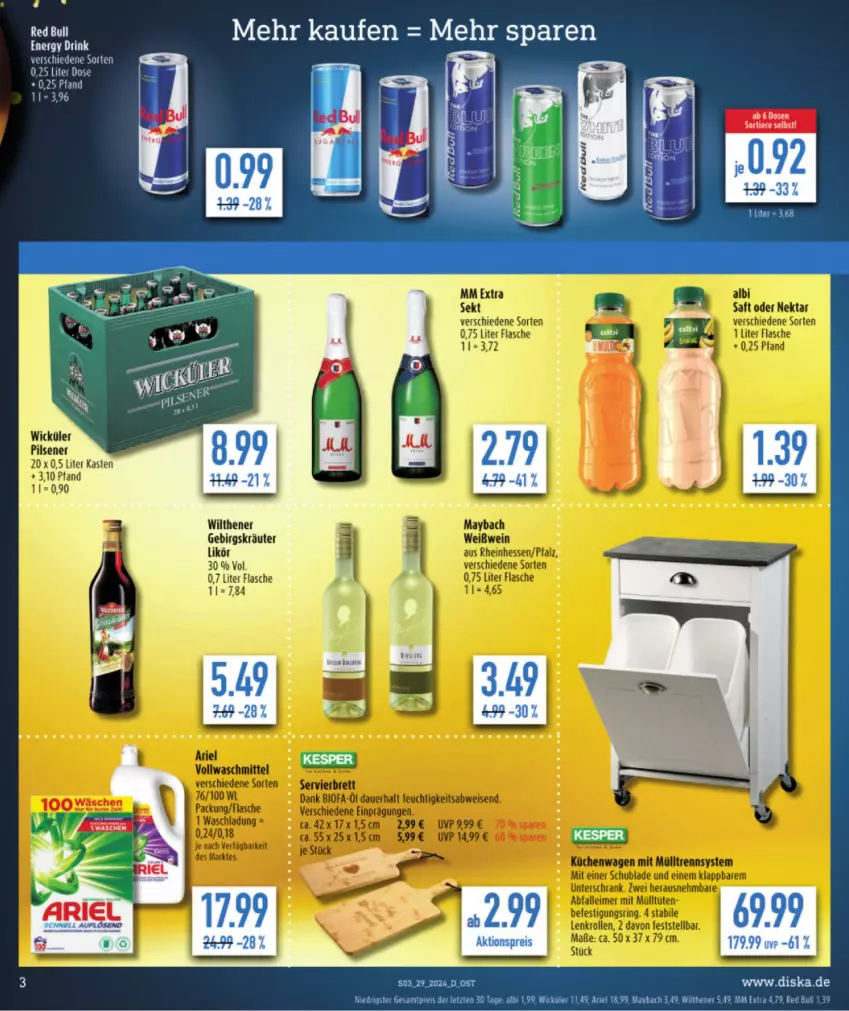 Aktueller Prospekt Diska - von 15.07 bis 20.07.2024 - strona 3 - produkty: ariel, drink, eis, energy drink, flasche, kräuter, likör, maybach, mm extra, red bull, reis, Ti, Tiere, WICK, wilthener, ZTE