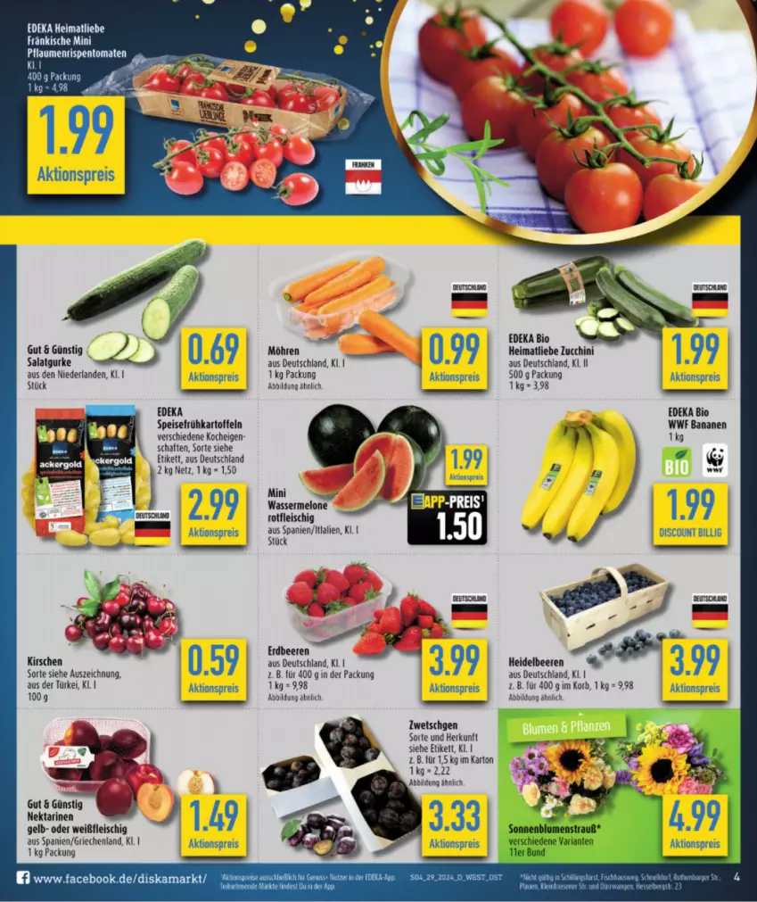 Aktueller Prospekt Diska - von 15.07 bis 20.07.2024 - strona 4 - produkty: aktionspreis, banane, bananen, beere, beeren, bio, deka, edeka bio, eis, erdbeere, erdbeeren, fleisch, Frühkartoffeln, gurke, kartoffel, kartoffeln, kirsch, kirsche, kirschen, korb, möhren, Nektar, nektarinen, nuss, reis, rispentomaten, salat, Salatgurke, speisefrühkartoffeln, Ti, tomate, tomaten, zucchini