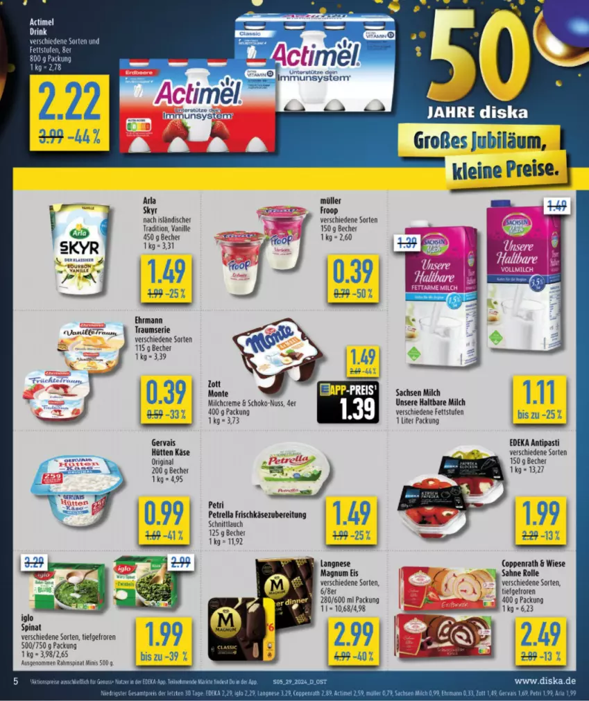 Aktueller Prospekt Diska - von 15.07 bis 20.07.2024 - strona 5 - produkty: actimel, antipasti, arla, arla skyr, asti, Becher, coppenrath, deka, ehrmann, eis, frischkäse, frischkäsezubereitung, froop, gervais, gin, haltbare milch, Käse, langnese, leine, magnum, milch, monte, Müller, müller froop, nuss, petrella, reis, rel, sac, sahne, schnittlauch, schoko, Skyr, spinat, tee, Ti, tisch, vanille