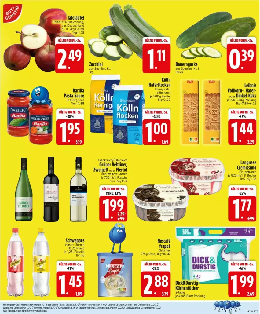 Aktueller Prospekt Edeka - Prospekte - von 28.04 bis 03.05.2025 - strona 27 - produkty: auer, barilla, Bau, Bauer, beutel, eis, eiskaffee, flasche, grüner veltliner, gurke, hafer, haferflocken, kaffee, keks, kölln, korn, küche, Küchen, leibniz, merl, merlot, pasta, pasta-sauce, reis, sauce, schweppes, tafeläpfel, Ti, ZTE, zucchini, Zweigelt