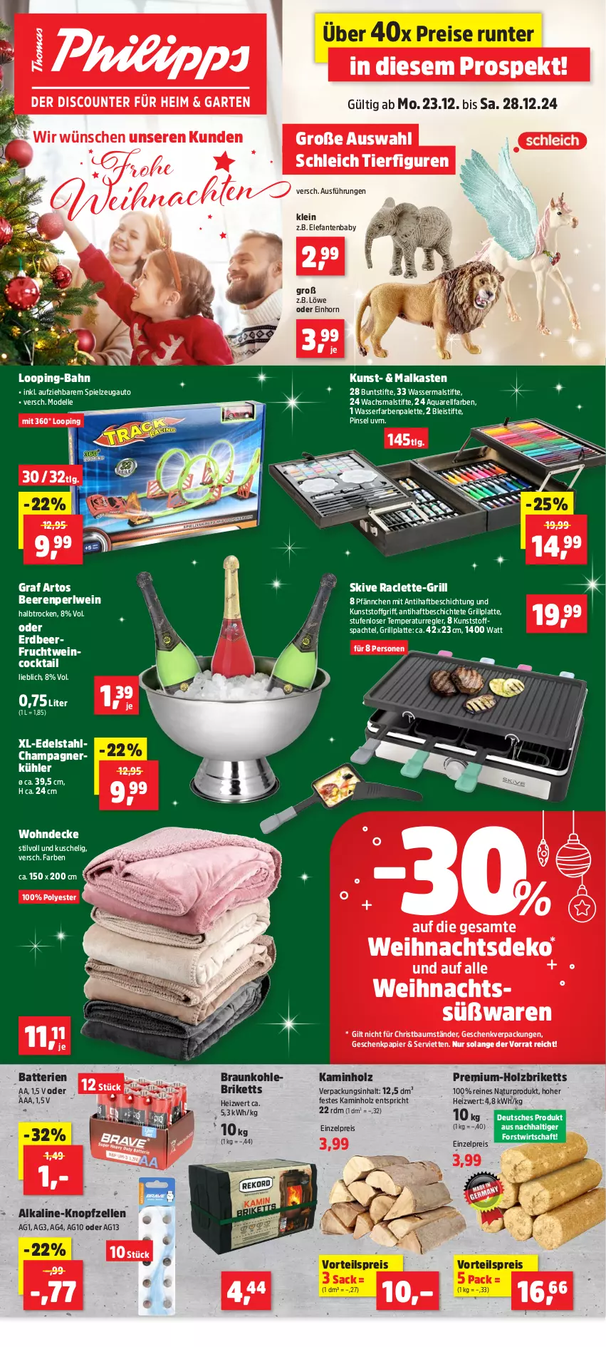 Aktueller Prospekt Thomas Philipps - von 23.12 bis 28.12.2024 - strona 1 - produkty: aqua, auto, batterie, batterien, Bau, beere, beeren, Bleistift, bleistifte, braun, briketts, buntstifte, champagne, champagner, cocktail, decke, dell, discount, edelstahl, eis, Elefant, elle, frucht, Garten, Geschenkpapier, grill, grillplatte, Holz, Holzbriketts, Kamin, Kaminholz, latte, LG, Mode, natur, Palette, papier, Pinsel, reis, rel, sac, Schleich, Serviette, servietten, spachtel, spielzeug, stifte, Ti, vorteilspreis, wasser, wein