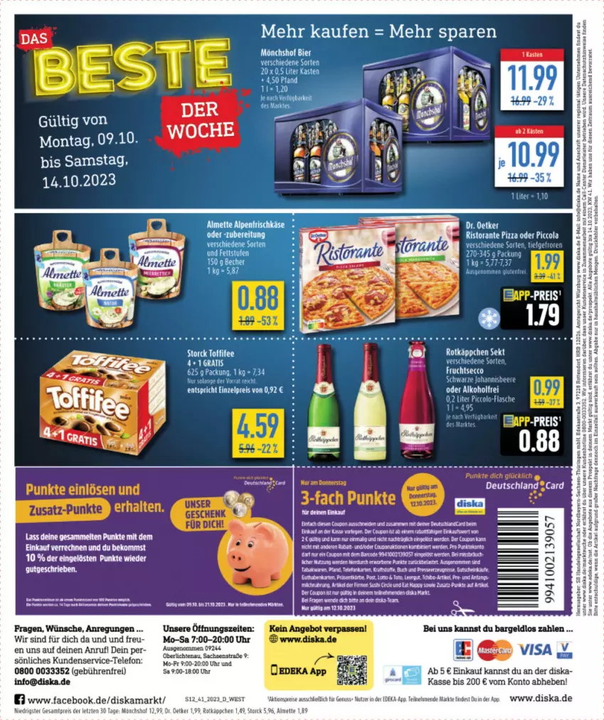 Aktueller Prospekt Diska - Prospekte - von 09.10 bis 14.10.2023 - strona 12 - produkty: aktionspreis, angebot, angebote, Astra, beere, buch, cola, coupon, deka, deutschlandcard, ecco, eis, ente, erde, flasche, frucht, fruchtsecco, guthabenkarte, gutschein, kraft, LG, mönchshof, nuss, pizza, reis, ring, ristorante, ristorante pizza, Roller, rotkäppchen, rum, sac, sekt, storck, Tchibo, telefon, Ti, uhr, ZTE