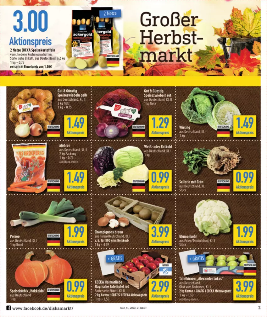 Aktueller Prospekt Diska - Prospekte - von 09.10 bis 14.10.2023 - strona 2 - produkty: aktionspreis, alexa, Birnen, blume, blumen, blumenkohl, braun, champignon, champignons, champignons braun, deka, eier, eis, elle, Kürbis, möhren, reis, rwe, tafeläpfel, Ti, Wirsing