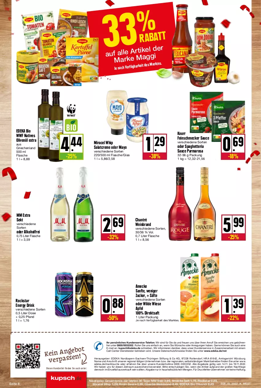 Aktueller Prospekt Kupsch - Angebote der Woche - von 14.11 bis 19.11.2022 - strona 8 - produkty: alkohol, amecke, angebot, angebote, apfel, Astra, bio, chantré, creme, deka, direktsaft, drink, edeka bio, eis, energy drink, ente, feinschmecker, flasche, knorr, miracel, miracel whip, mm extra, natives olivenöl, olive, oliven, olivenöl, olivenöl extra, Rauch, reis, Ria, ring, Rockstar, sac, saft, säfte, salat, salatcreme, sauce, sekt, telefon, Ti, wein, weinbrand, Wild, Yo, ZTE, zucker