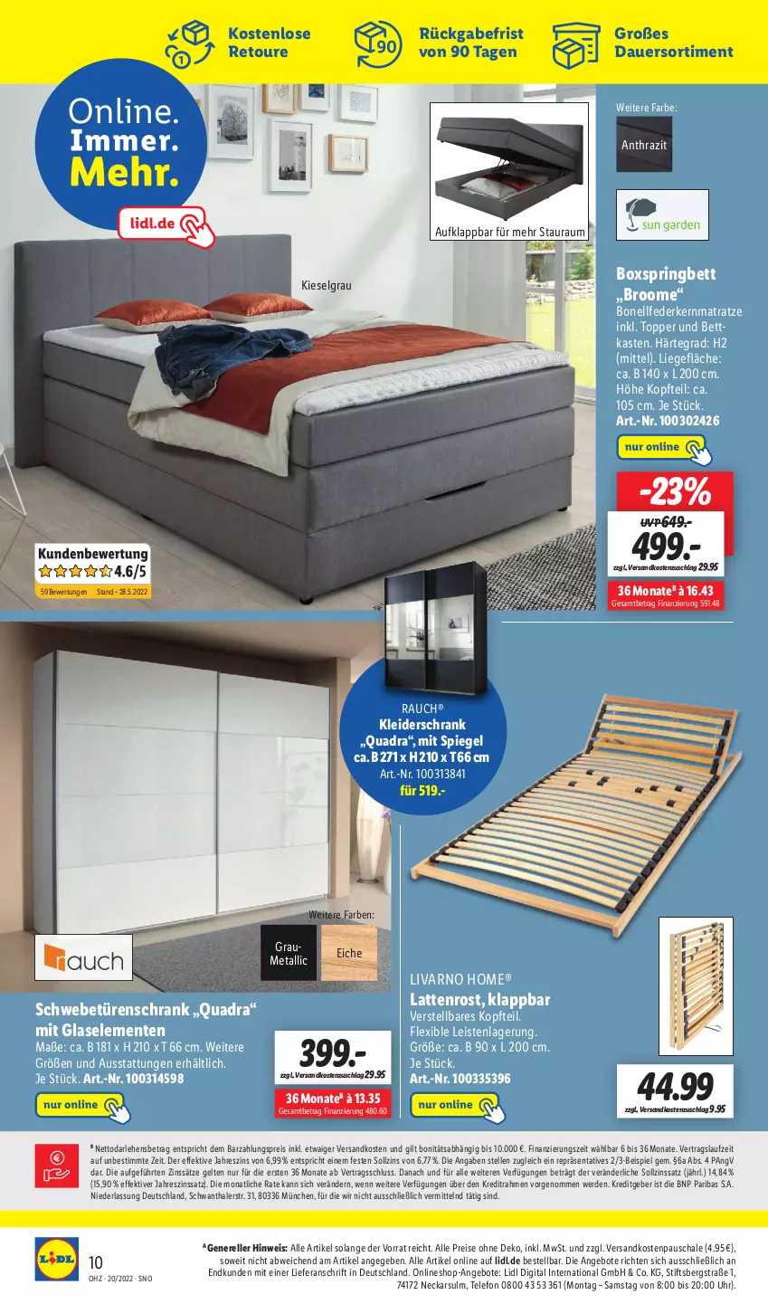 Aktueller Prospekt Lidl - Wochen-Highlights im Onlineshop - von 16.05 bis 22.05.2022 - strona 10 - produkty: angebot, angebote, auer, bett, bettkasten, boxspringbett, eis, elle, ente, erde, federkern, federkernmatratze, kernmatratze, kleid, kleider, kleiderschrank, latte, lattenrost, LG, Liege, matratze, ndk, quad, Rauch, reis, rel, ring, Schal, Schale, Schrank, schwebetürenschrank, spiegel, telefon, Ti, topper, türenschrank, uhr, und bettkasten