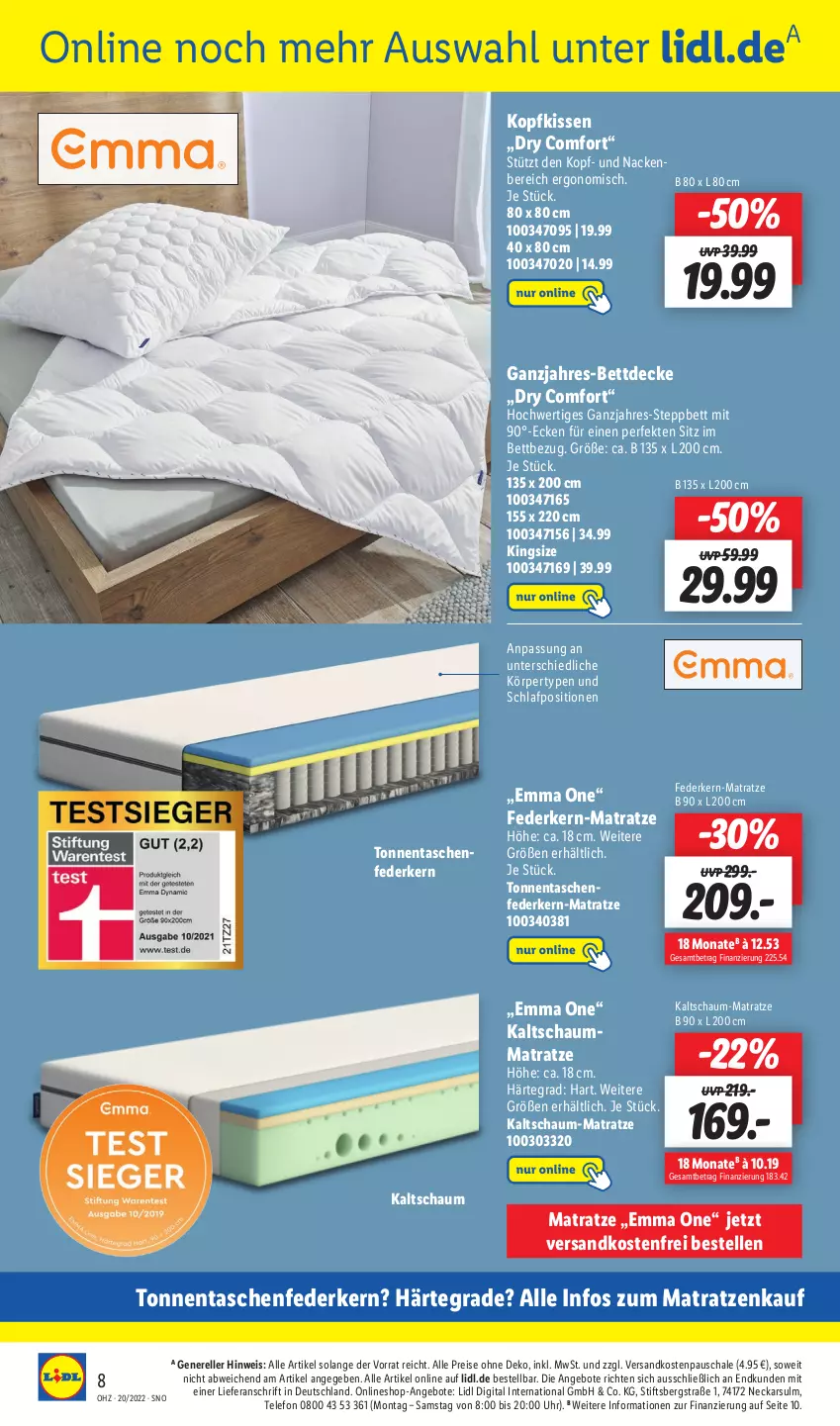 Aktueller Prospekt Lidl - Wochen-Highlights im Onlineshop - von 16.05 bis 22.05.2022 - strona 8 - produkty: angebot, angebote, bett, decke, eis, elle, federkern, kaltschaum-matratze, kaltschaummatratze, kissen, kopfkissen, matratze, matratzen, ndk, reis, rel, Schal, Schale, Schaummatratze, steppbett, Tasche, taschen, taschenfederkern-matratze, telefon, Ti, uhr, versandkostenfrei