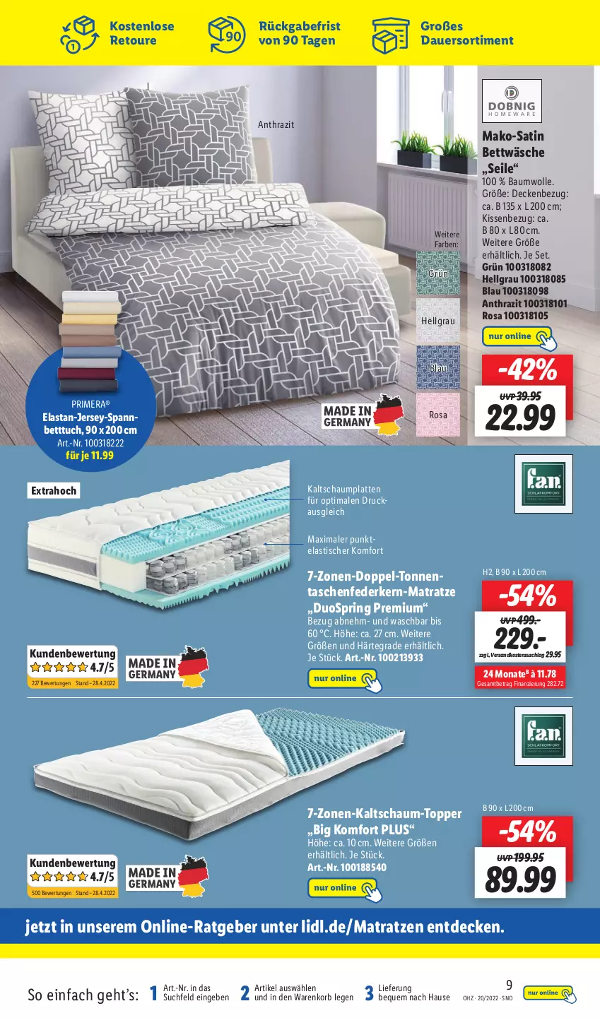 Aktueller Prospekt Lidl - Wochen-Highlights im Onlineshop - von 16.05 bis 22.05.2022 - strona 9 - produkty: asti, auer, Bau, baumwolle, bett, Betttuch, bettwäsche, decke, federkern, jersey-spannbetttuch, kissen, Kissenbezug, korb, latte, LG, mako-satin bettwäsche, matratze, matratzen, ndk, ring, spannbetttuch, Tasche, taschen, taschenfederkern-matratze, Ti, tisch, topper, tuc, wolle