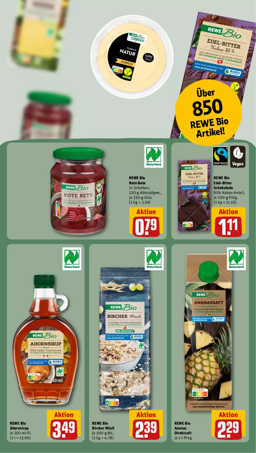 Aktueller Prospekt Rewe - Prospekte - von 03.06 bis 08.06.2024 - strona 13 - produkty: ananas, bio, direktsaft, kakao, müsli, rewe bio, rote bete, saft, schoko, schokolade, sirup, Ti