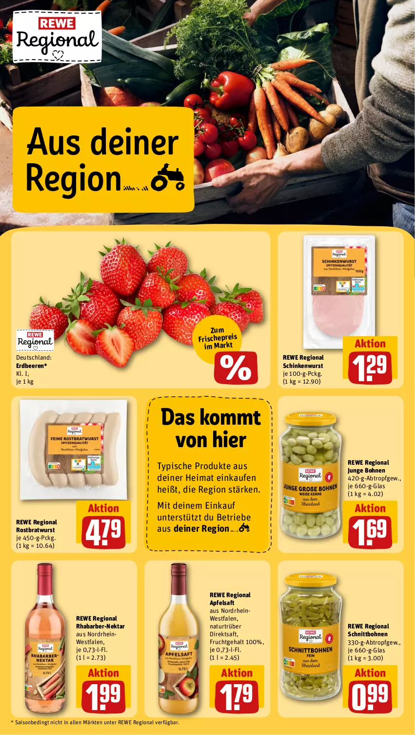 Aktueller Prospekt Rewe - Prospekte - von 03.06 bis 08.06.2024 - strona 15 - produkty: apfel, apfelsaft, beere, beeren, bohne, bohnen, bratwurst, direktsaft, eis, erdbeere, erdbeeren, frucht, natur, Nektar, reis, rhabarber, rostbratwurst, saft, schinken, schinkenwurst, Ti, wurst