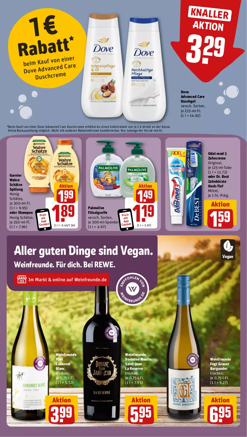 Aktueller Prospekt Rewe - Prospekte - von 03.06 bis 08.06.2024 - strona 17 - produkty: auer, burgunder, bürste, cabernet, coupon, creme, dove, Dr. Best, duschcreme, duschgel, eis, flüssigseife, garnier, gin, grauer burgunder, honig, Odol, Odol-med 3, olive, palmolive, reis, Seife, shampoo, sofortrabatt, spülung, Ti, Wahre Schätze, wein, zahnbürste, zahncreme