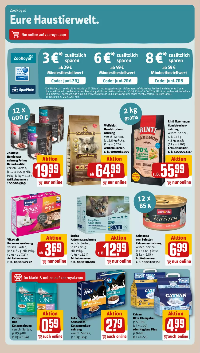 Aktueller Prospekt Rewe - Prospekte - von 03.06 bis 08.06.2024 - strona 19 - produkty: angebot, angebote, aust, catsan, felix, filet, gutschein, gutscheine, Hundetrockennahrung, katzennahrung, klumpstreu, kraft, Nassnahrung, purina, rinti, rwe, sensations, Stier, Ti, Trockennahrung, vita, vitakraft