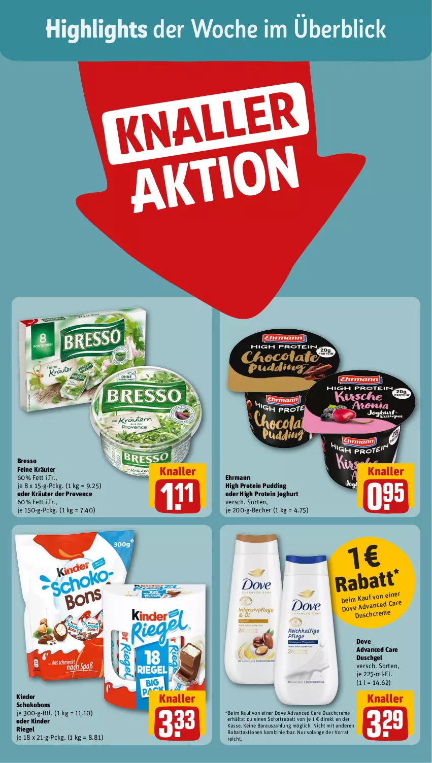 Aktueller Prospekt Rewe - Prospekte - von 03.06 bis 08.06.2024 - strona 2 - produkty: Becher, bresso, creme, dove, duschcreme, duschgel, ehrmann, joghur, joghurt, Kinder, kinder riegel, Kinder Schokobons, kräuter, oder kräuter, pudding, riegel, schoko, sofortrabatt, Ti