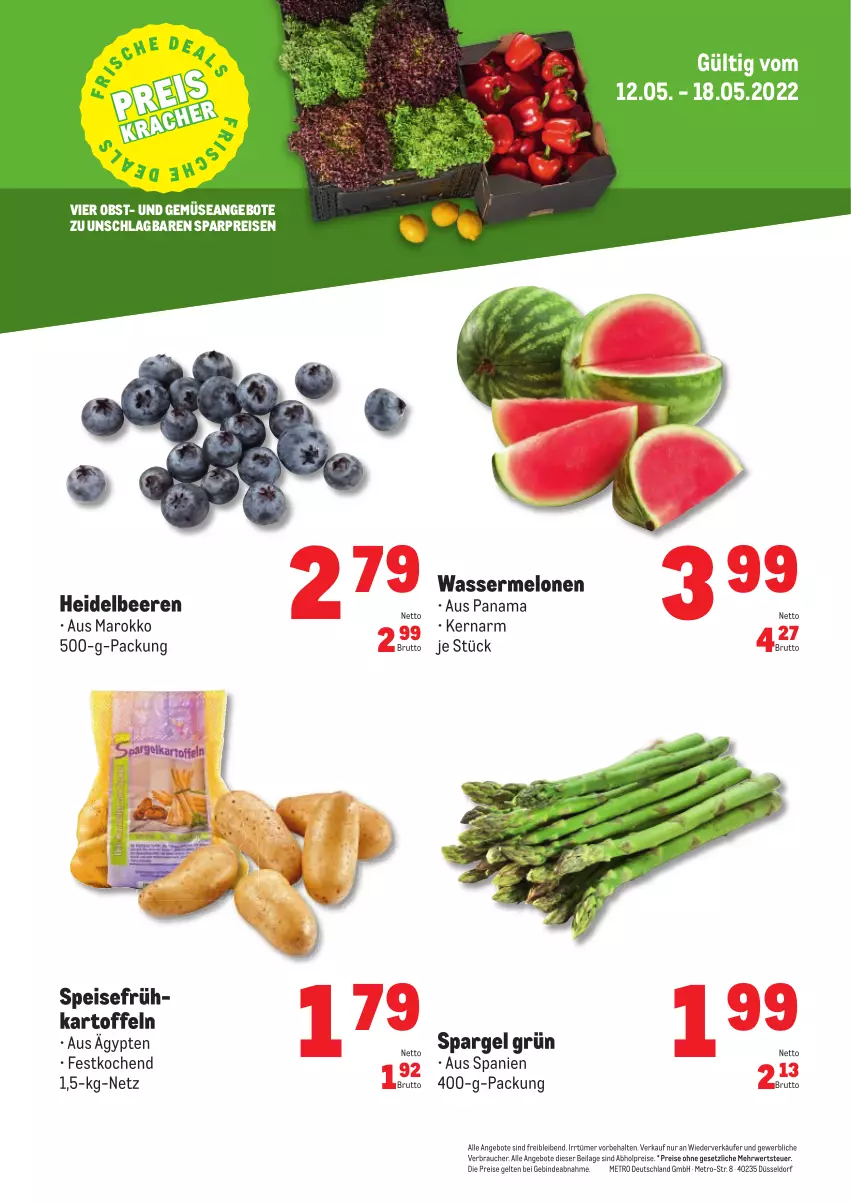 Aktueller Prospekt Metro - Obst & Gemüse Frischepreise - von 12.05 bis 18.05.2022 - strona 1 - produkty: abholpreise, angebot, angebote, beere, beeren, brut, eis, Frühkartoffeln, heidelbeere, heidelbeeren, ilag, kartoffel, kartoffeln, melone, melonen, Metro, obst, Rauch, reis, rwe, spargel, spargel grün, speisefrühkartoffeln, Ti, und gemüse, wasser, wassermelone, wassermelonen