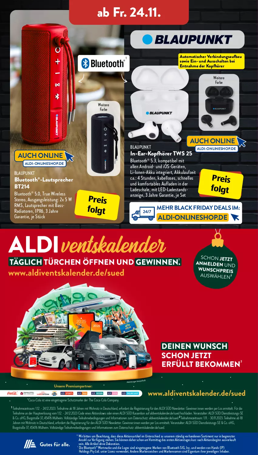 Aktueller Prospekt AldiSud - IN ZWEI WOCHEN - von 20.11 bis 25.11.2023 - strona 21 - produkty: akku, aldi, alle artikel ohne dekoration, auto, Bau, blaupunkt, bluetooth®-lautsprecher, dekoration, eis, elle, erde, friday, gin, in-ear-kopfhörer, kopfhörer, lack, lautsprecher, LG, reis, rel, rwe, Schal, Schale, Ti, tisch, ZTE