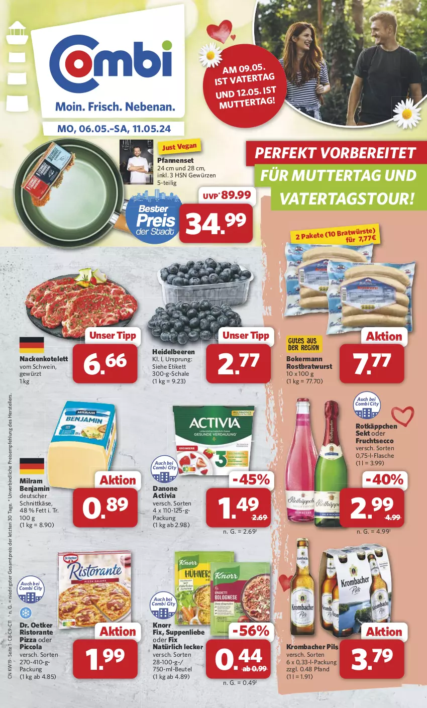 Aktueller Prospekt Combi - Prospekte - von 06.05 bis 11.05.2024 - strona 1 - produkty: activia, beere, beeren, beutel, bratwurst, cola, danone, danone activia, deutscher schnittkäse, Dr. Oetker, ecco, eis, elle, flasche, frucht, fruchtsecco, gewürz, heidelbeere, heidelbeeren, Käse, knorr, knorr fix, kotelett, krombache, krombacher, krombacher pils, milram, pfanne, pfannen, pils, pizza, reis, ristorante, ristorante pizza, rostbratwurst, rotkäppchen, Schal, Schale, schnittkäse, schwein, sekt, suppe, suppen, suppenliebe, teller, Ti, und pfanne, wein, wurst, ZTE