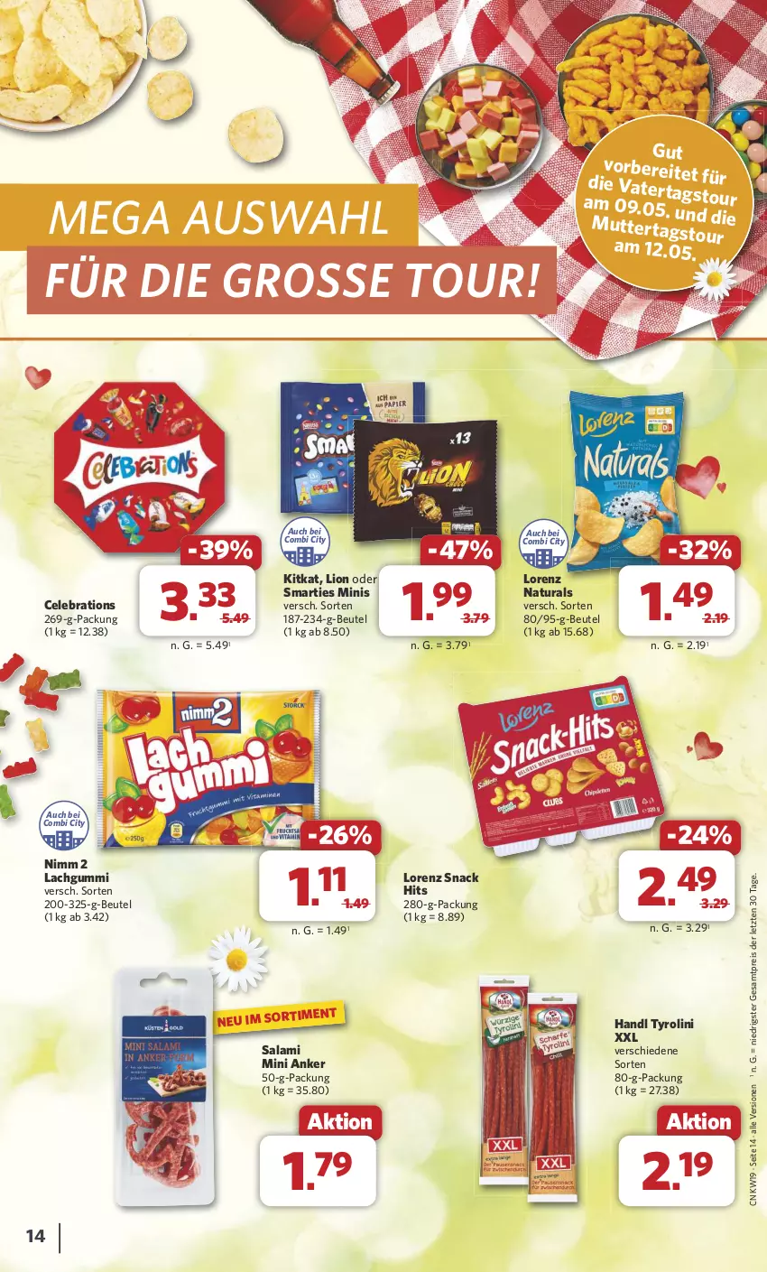 Aktueller Prospekt Combi - Prospekte - von 06.05 bis 11.05.2024 - strona 15 - produkty: beutel, eis, kitkat, lachgummi, lion, lorenz, natur, natura, Nimm 2, reis, salami, smarties, snack, snack hits, Ti, ZTE