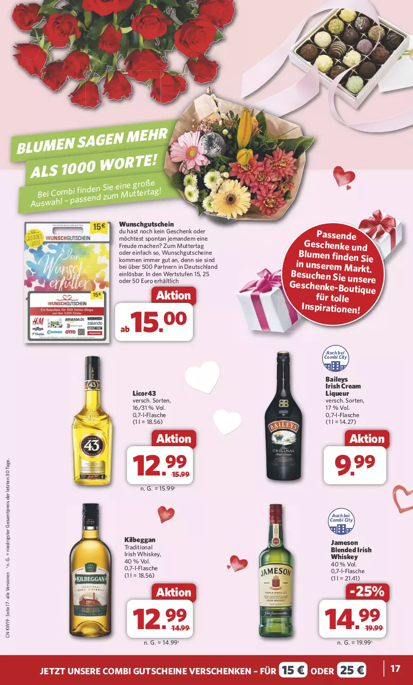 Aktueller Prospekt Combi - Prospekte - von 06.05 bis 11.05.2024 - strona 18 - produkty: baileys, blume, blumen, eis, flasche, gutschein, gutscheine, irish cream, irish whiskey, jameson, kilbeggan, licor, liqueur, mac, reis, Ti, whiskey, ZTE