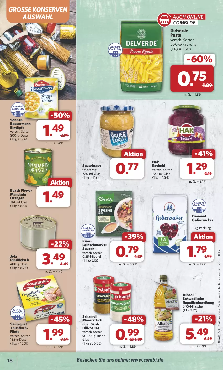 Aktueller Prospekt Combi - Prospekte - von 06.05 bis 11.05.2024 - strona 19 - produkty: auer, beutel, eintöpfe, eis, erde, feinschmecker, filet, filets, fisch, flasche, fleisch, gelierzucker, knorr, Konserven, Kraut, meerrettich, orange, orangen, pasta, rapsöl, reis, Rettich, rind, rindfleisch, rotkohl, sauce, saucen, Sauerkraut, saupiquet, schamel, senf, thunfisch, Ti, ZTE, zucker