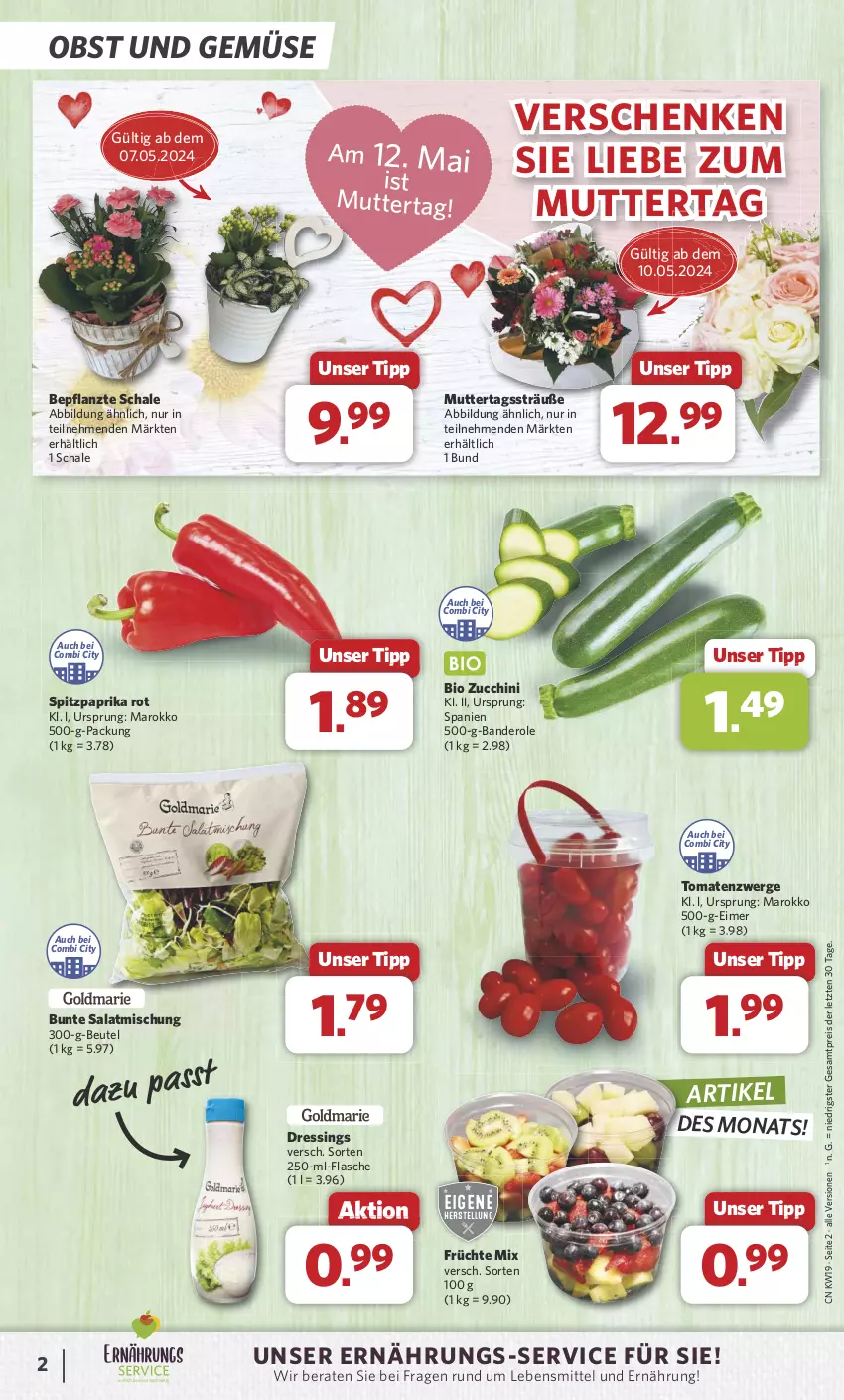 Aktueller Prospekt Combi - Prospekte - von 06.05 bis 11.05.2024 - strona 2 - produkty: beutel, bio, dressing, eimer, eis, flasche, früchte, lebensmittel, obst, Obst und Gemüse, paprika, paprika rot, reis, salat, Schal, Schale, Spitzpaprika, Ti, tomate, tomaten, und gemüse, ZTE, zucchini