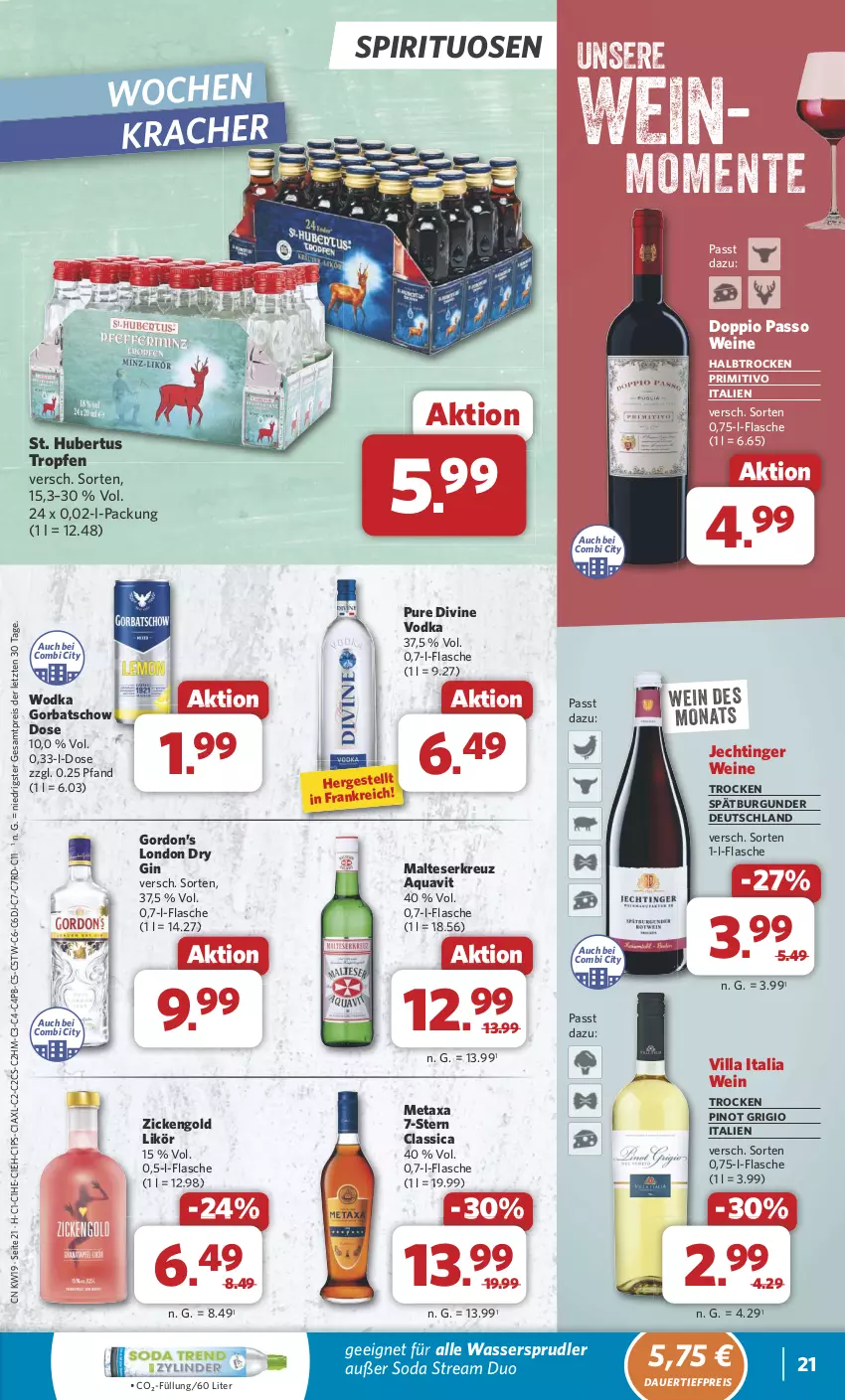 Aktueller Prospekt Combi - Prospekte - von 06.05 bis 11.05.2024 - strona 22 - produkty: aqua, aquavit, auer, burgunder, dauertiefpreis, doppio passo, dry gin, eis, ente, flasche, gin, Gorbatschow, gordon, Gordon’s, kracher, likör, london dry, london dry gin, malteser, Metaxa, passo, Pinot, pinot grigio, primitivo, reis, Soda, spätburgunder, spirituosen, Ti, tiefpreis, vodka, wasser, wassersprudler, wein, weine, wodka, ZTE