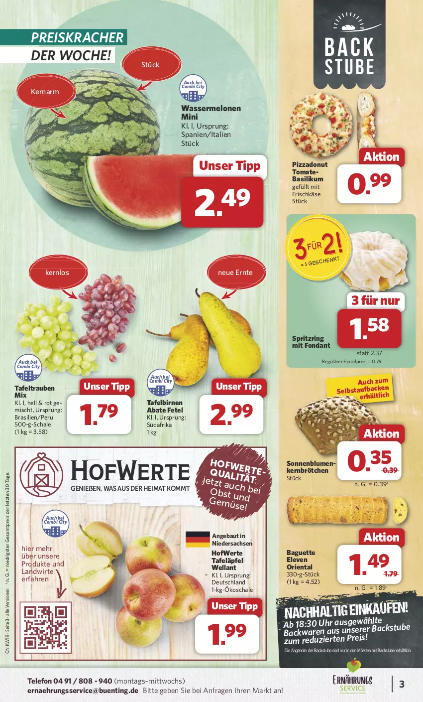 Aktueller Prospekt Combi - Prospekte - von 06.05 bis 11.05.2024 - strona 3 - produkty: angebot, angebote, baguette, basilikum, Bau, Birnen, blume, blumen, brötchen, Donut, eis, frischkäse, Käse, kracher, melone, melonen, obst, pizza, reis, ring, sac, Schal, Schale, sonnenblume, sonnenblumen, stube, tafeläpfel, tafelbirnen, tafeltrauben, telefon, Ti, tomate, trauben, uhr, wasser, wassermelone, wassermelonen, Wella, ZTE