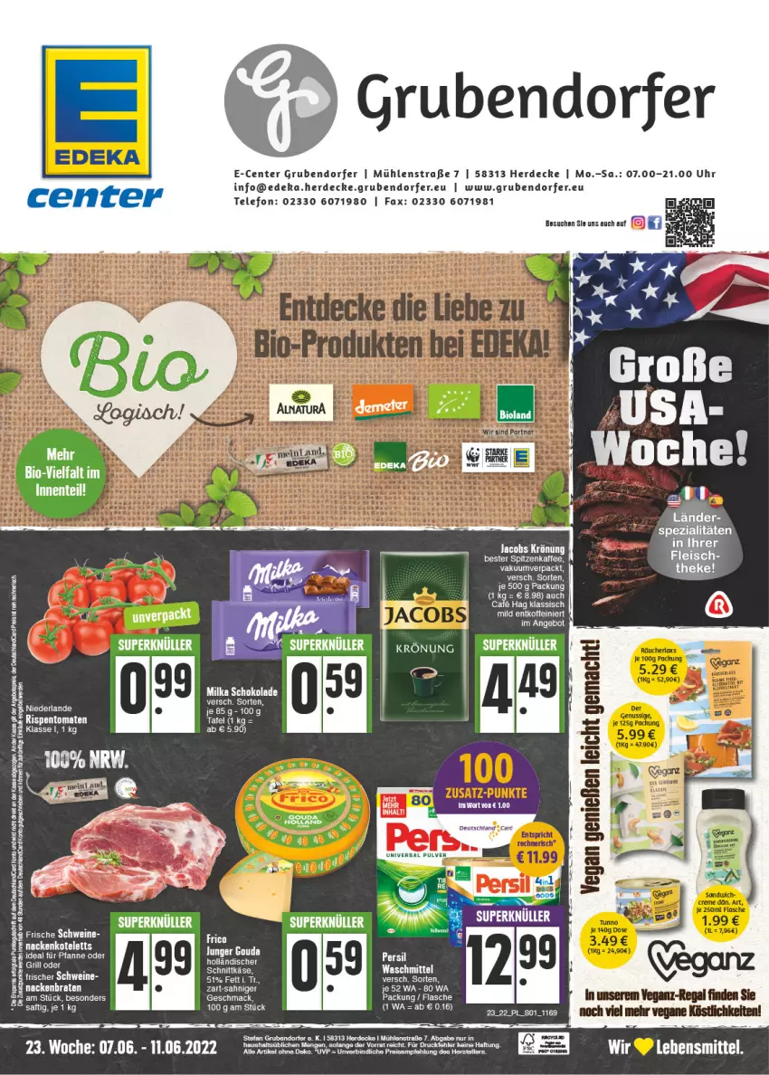 Aktueller Prospekt E Center - Angebote der Woche - von 06.06 bis 11.06.2022 - strona 1 - produkty: angebot, bio, bioland, braten, decke, deka, eis, elle, ente, erde, fleisch, gouda, kaffee, Käse, kotelett, mac, milka, milka schokolade, nackenkoteletts, pfanne, reis, rispentomaten, saft, schnittkäse, schoko, schokolade, tee, telefon, teller, Ti, tomate, tomaten, uhr, waschmittel