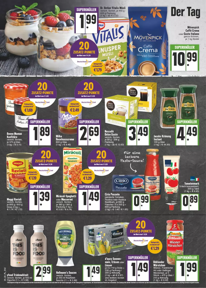 Aktueller Prospekt E Center - Angebote der Woche - von 06.06 bis 11.06.2022 - strona 12 - produkty: ACC, angebot, basilikum, beutel, bohne, bohnen, böklunder, caffe, cirio, creme, dolce gusto, eis, ente, erbsen, flasche, Geflügel, haselnuss, Haselnusscreme, konfitüre, linsen, mac, maggi, mais, milka, mövenpick, müsli, nuss, ravioli, sauce, saucen, tee, Ti, tomate, tomaten, tomatenmark, vita, vitalis, vitalis müsli, würstchen, Yo