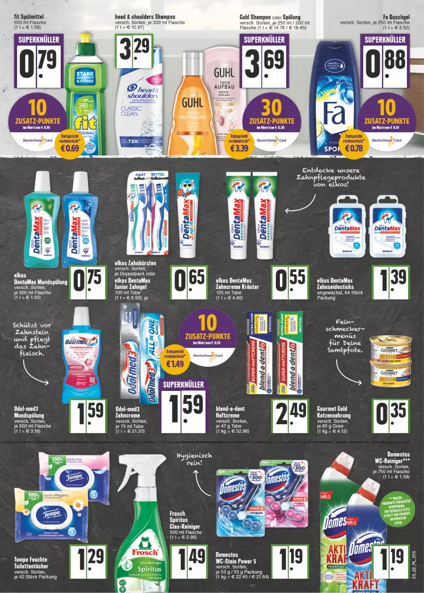 Aktueller Prospekt E Center - Angebote der Woche - von 06.06 bis 11.06.2022 - strona 15 - produkty: Bau, bürste, bürsten, creme, deutschland card, domestos, duschgel, eis, elkos, elle, ente, fa duschgel, flasche, fleisch, Guhl, Haftcreme, katzennahrung, kräuter, mundspülung, Odol, reiniger, Reinigung, shampoo, shampoo oder spülung, spiritus, spülmittel, spülung, tee, Tempo, Ti, toilettentücher, tücher, Yo, zahnbürste, zahnbürsten, zahncreme, Zahnseide, ZTE