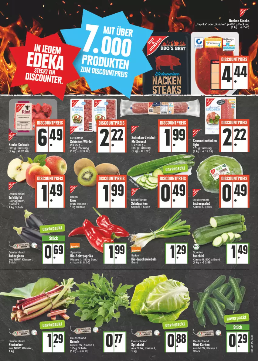 Aktueller Prospekt E Center - Angebote der Woche - von 06.06 bis 11.06.2022 - strona 3 - produkty: aubergine, auberginen, bio, discount, eis, eisbergsalat, gin, gulasch, gurke, gurken, kräuter, Lauchzwiebel, lauchzwiebeln, paprika, reis, rhabarber, rind, rinder, salat, Salatgurke, salatgurken, Schal, Schale, schinken, spitzkohl, Spitzpaprika, steak, steaks, würfel, zwiebel, zwiebeln