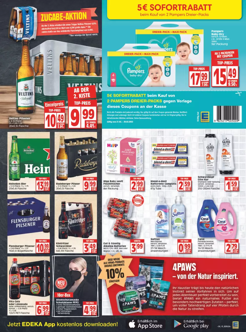 Aktueller Prospekt Edeka - Angebote der Woche - von 21.02 bis 26.02.2022 - strona 15 - produkty: arla, Atemschutzmaske, batterie, batterien, Berger, bier, bügel, bügelflasche, burger, Coral, coupon, coupons, creme, deka, eier, feinwaschmittel, feuchttücher, FFP2, flasche, flensburger, gin, gliss, gliss kur, Haftcreme, heineken, hipp, köstritzer, LG, limo, limonade, Maske, pampers, pet-flasche, pils, pilsener, pilsner, radeberger, radeberger pilsner, ring, rwe, schwarzkop, schwarzkopf, shampoo, shampoo oder spülung, sofortrabatt, Softlan, spülung, Ti, tücher, veltins, vita, Vita C, waschmittel, weichspüler