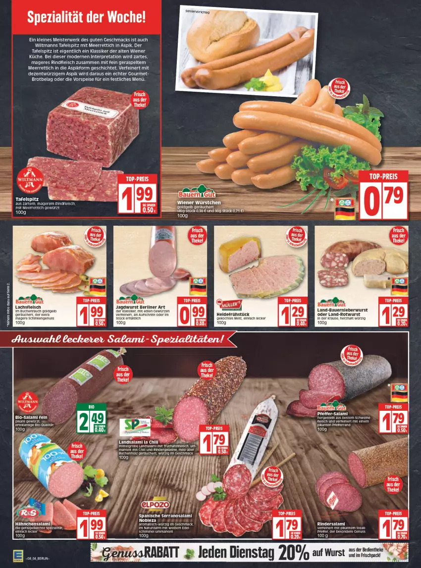 Aktueller Prospekt Edeka - Angebote der Woche - von 21.02 bis 26.02.2022 - strona 4 - produkty: auer, aufschnitt, Bau, Bauer, berliner, bio, Bio-Salami, brot, buch, eis, elle, fleisch, Geflügel, gelatine, gewürz, heidefrühstück, HP, jagdwurst, küche, lachs, leberwurst, leine, mac, Mantel, meerrettich, Meister, Mett, Mode, natur, nuss, pfeffer, Rauch, reis, Rettich, rind, rinder, Rindersalami, rindfleisch, Rotwurst, rwe, salami, schinken, serrano, Spezi, steak, tafelspitz, tee, Ti, tisch, top-preis, truthahn, vorspeise, wiener, wiltmann, wurst