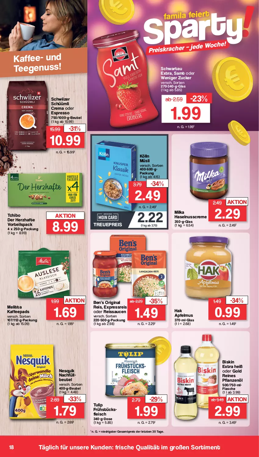 Aktueller Prospekt Famila - Prospekte - von 29.01 bis 03.02.2024 - strona 18 - produkty: apfel, apfelmus, beutel, creme, eis, espresso, flasche, fleisch, frühstücksfleisch, gin, haselnuss, Haselnusscreme, kaffee, kaffeepads, kölln, kracher, melitta, milka, müsli, nesquik, nuss, oder espresso, pflanze, pflanzen, Pflanzenöl, reis, reiss, sauce, saucen, Schwartau, Tchibo, tee, Ti, tulip, ZTE, zucker