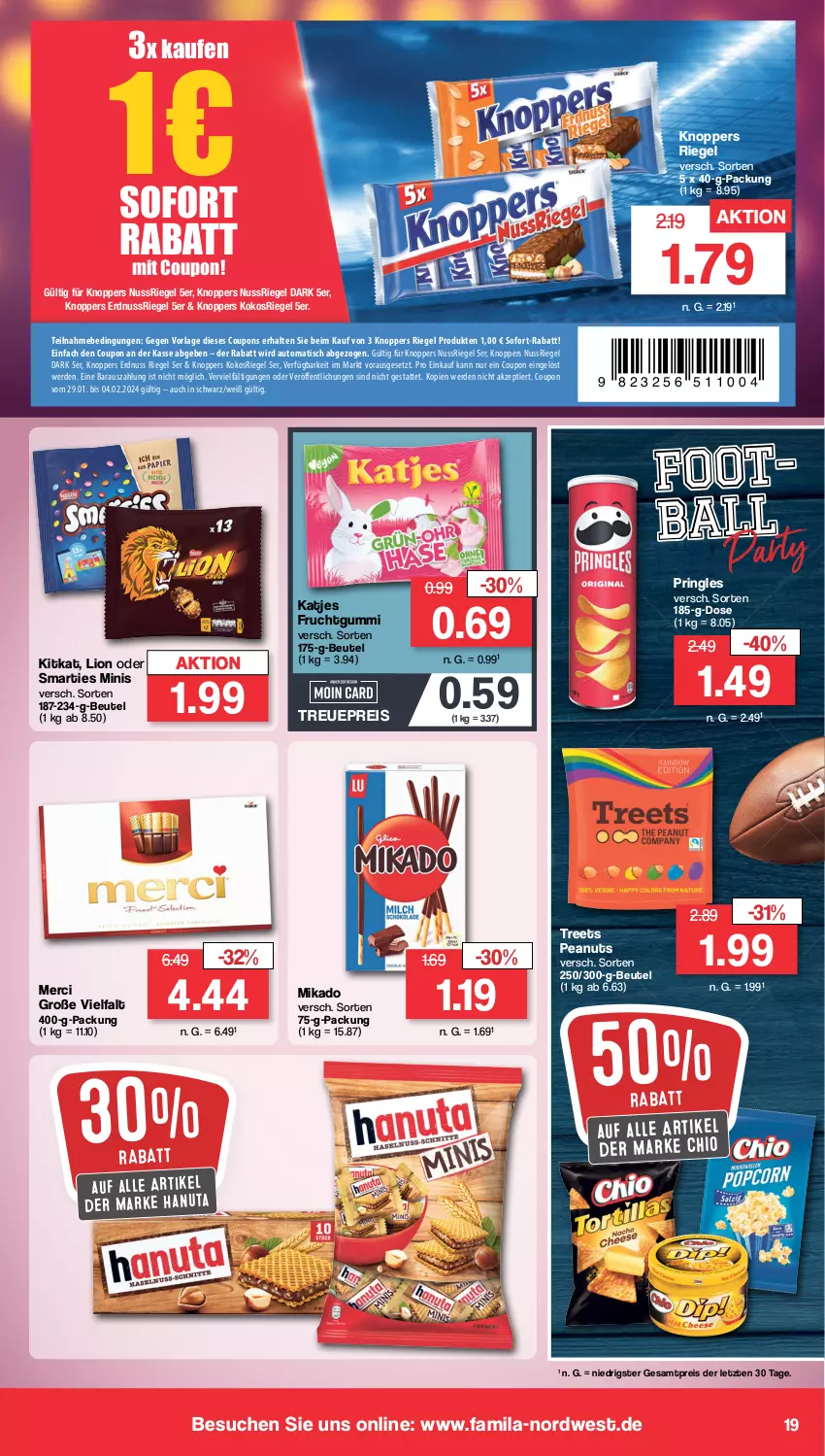 Aktueller Prospekt Famila - Prospekte - von 29.01 bis 03.02.2024 - strona 19 - produkty: auto, ball, beutel, coupon, coupons, eis, erde, erdnuss, frucht, fruchtgummi, hanuta, katjes, kitkat, knoppers, kokos, lion, merci, mikado, nuss, nussriegel, pringles, reis, riegel, ring, smarties, sofort-rabatt, Ti, tisch, ZTE