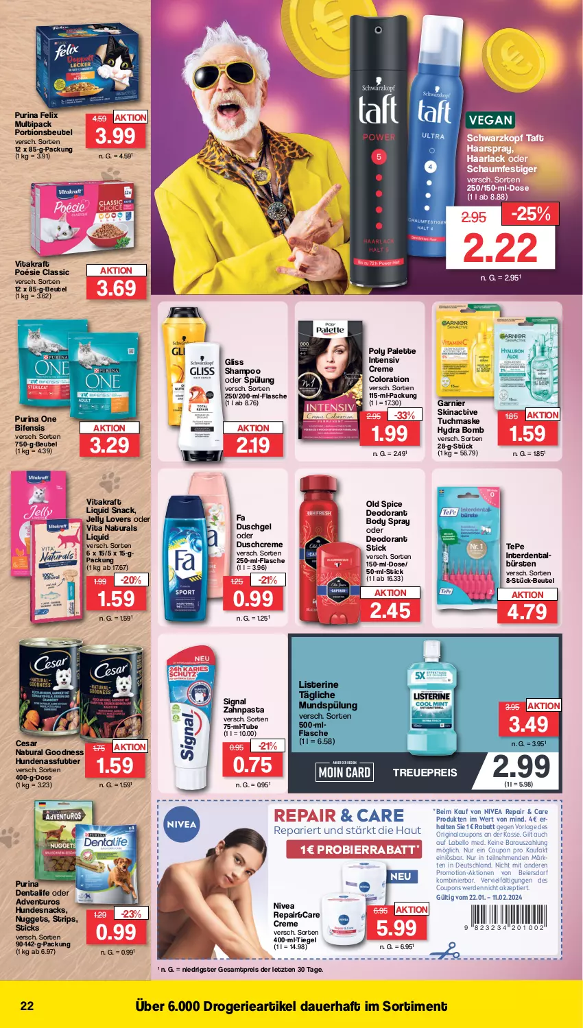 Aktueller Prospekt Famila - Prospekte - von 29.01 bis 03.02.2024 - strona 22 - produkty: adventuros, arla, auer, beutel, bier, body, bürste, bürsten, coupon, coupons, creme, deo, deodorant, duschcreme, duschgel, eier, eis, erde, fa duschgel, felix, flasche, garnier, gin, gliss, Haarlack, haarspray, hundesnack, hundesnacks, kraft, Labello, lack, listerine, Maske, mundspülung, nassfutter, natur, natura, nivea, nuggets, oder schaumfestiger, Old Spice, Palette, pasta, portionsbeutel, purina, reis, schaumfestiger, schwarzkop, schwarzkopf, shampoo, shampoo oder spülung, Signal, snack, snacks, spülung, Taft, Ti, tuc, tuchmaske, vita, vitakraft, zahnpasta, ZTE