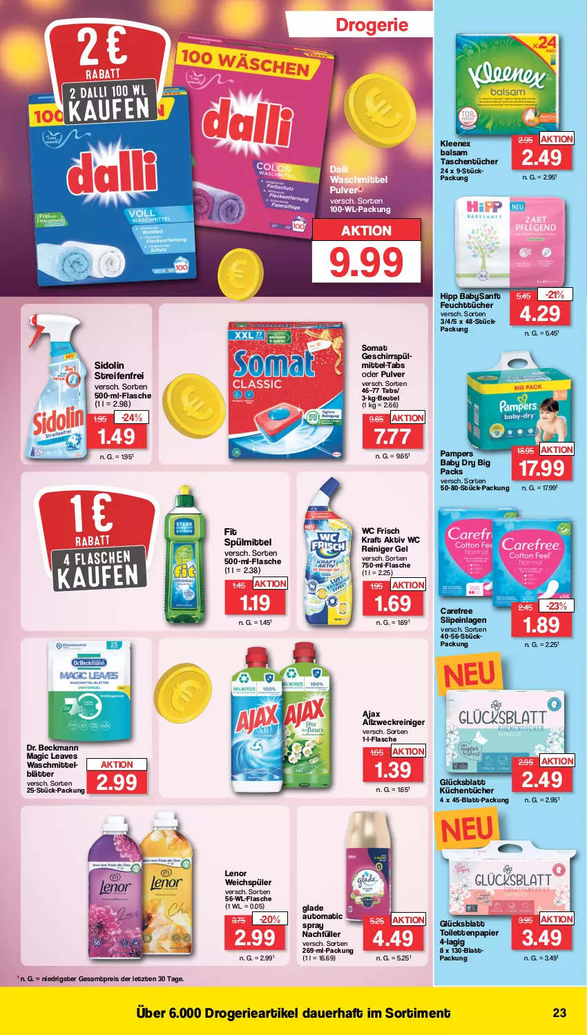 Aktueller Prospekt Famila - Prospekte - von 29.01 bis 03.02.2024 - strona 23 - produkty: ajax, allzweckreiniger, auer, auto, balsam, beutel, carefree, dalli, Dr. Beckmann, eis, feuchttücher, flasche, geschirr, geschirrspülmittel, Glade, hipp, kraft, küche, Küchen, küchentücher, lenor, lenor weichspüler, pampers, pampers baby dry, papier, reifen, reiniger, reiniger gel, reis, sidolin, slip, slipeinlagen, somat, spülmittel, Tasche, taschen, taschentücher, Ti, toilettenpapier, tücher, waschmittel, wc frisch, WC Frisch Kraft Aktiv, weck, weichspüler, ZTE