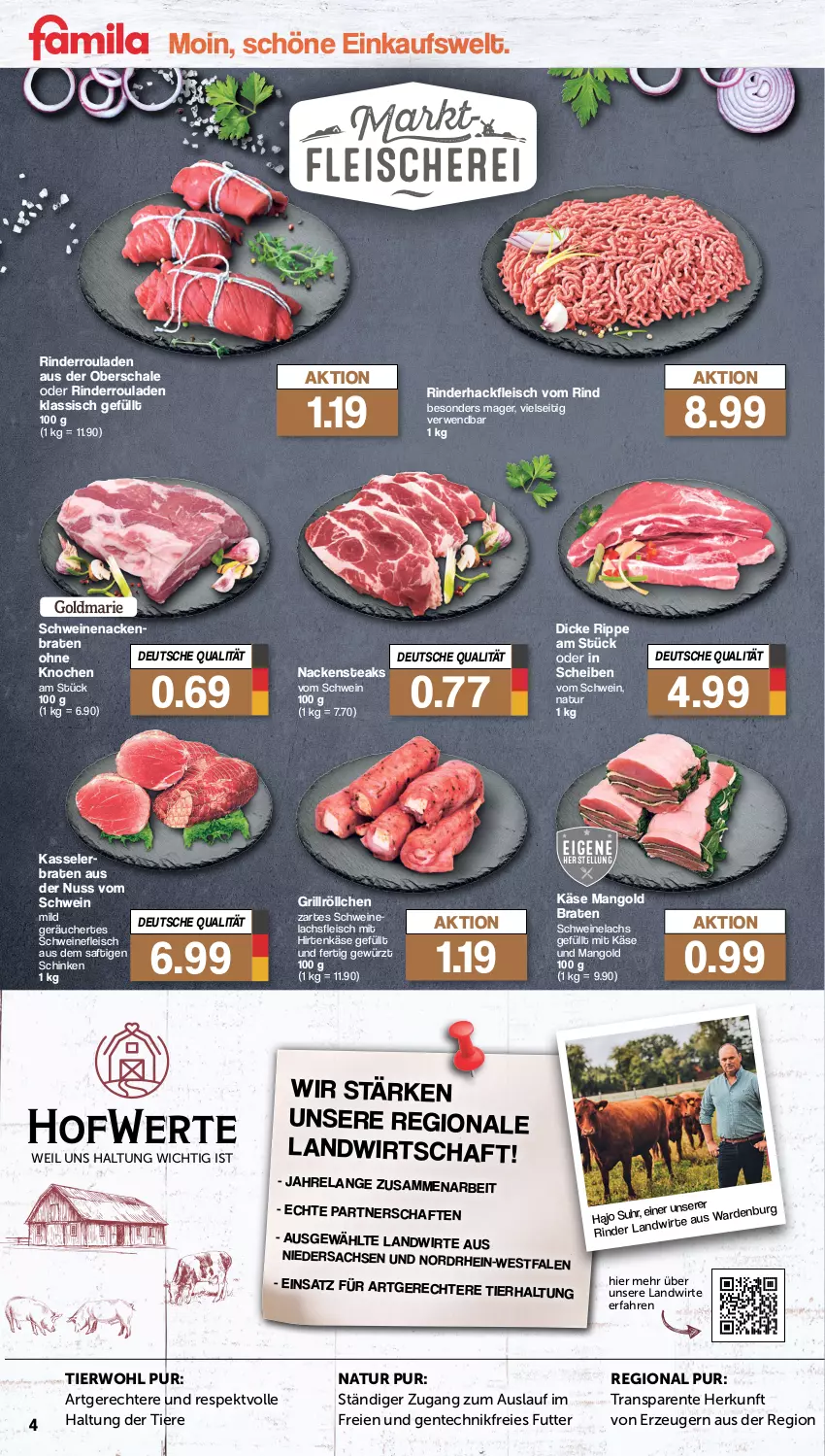 Aktueller Prospekt Famila - Prospekte - von 29.01 bis 03.02.2024 - strona 4 - produkty: braten, eis, Elan, ente, fleisch, gewürz, grill, hackfleisch, hirtenkäse, Käse, kasseler, Kasselerbraten, lachs, mango, Nackensteak, nackensteaks, natur, nuss, rel, rind, rinder, rinderhackfleisch, Rinderroulade, rinderrouladen, rouladen, rwe, sac, saft, Schal, Schale, schinken, schwein, schweine, schweinefleisch, Schweinelachs, schweinenacken, steak, steaks, Ti, Tiere, uhr, wein, weine