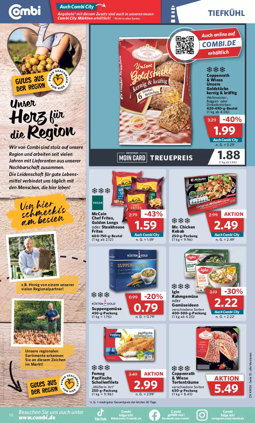 Aktueller Prospekt Combi - Prospekte - von 12.06 bis 17.06.2023 - strona 10 - produkty: angebot, angebote, beutel, brötchen, coppenrath, dinkelbrötchen, eis, ente, femeg, filet, filets, fisch, fische, Golden Longs, Goldstücke, honig, iglo, LG, mccain, Meister, Müller, müllerin art, Rahmgemüse, reis, scholl, Schollenfilets, steak, suppe, suppen, Ti, torte, ZTE